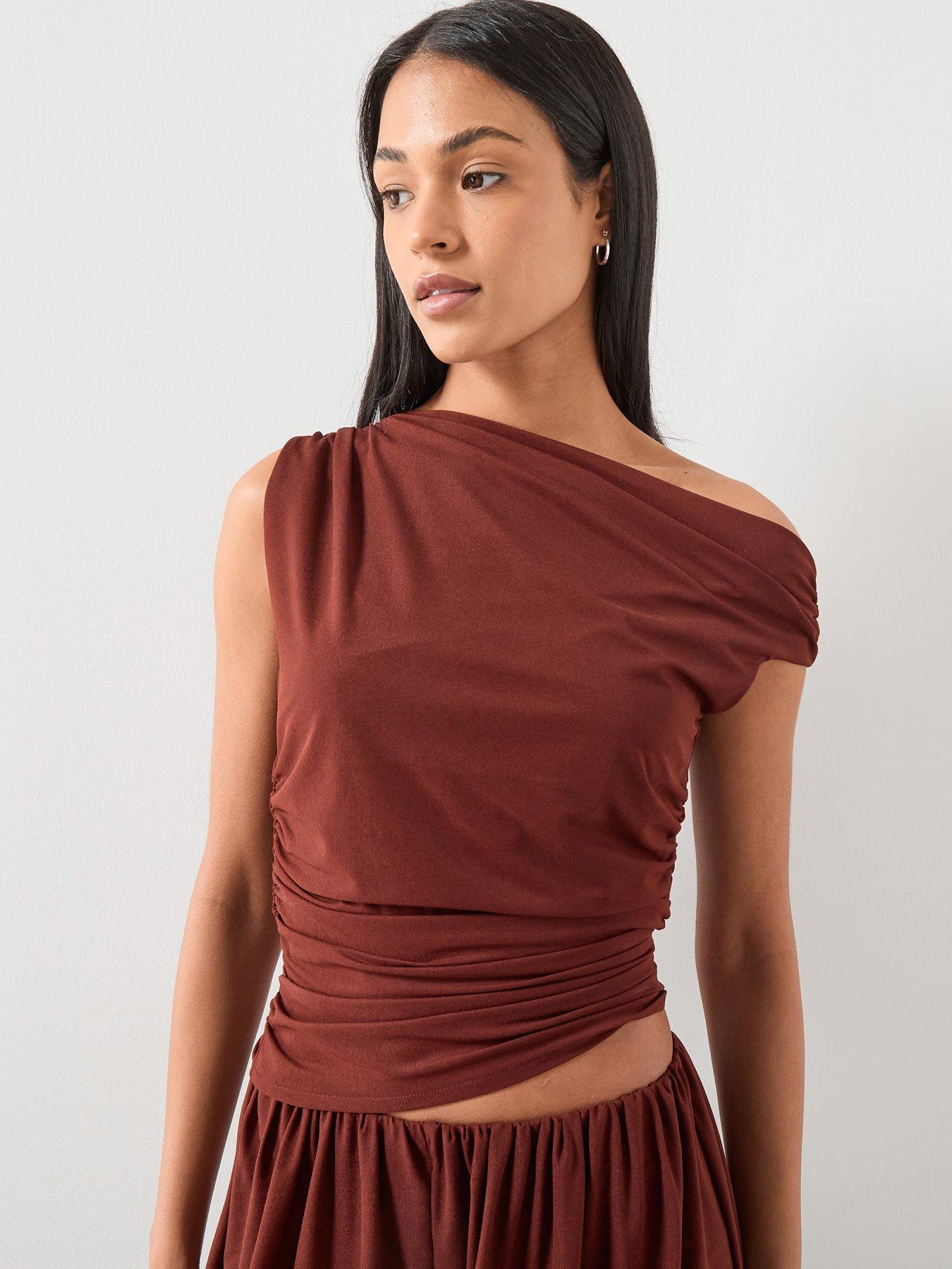 Mango Asymmetrical Gathered Co-ord T-shirt, Russet, Size Xl, Women