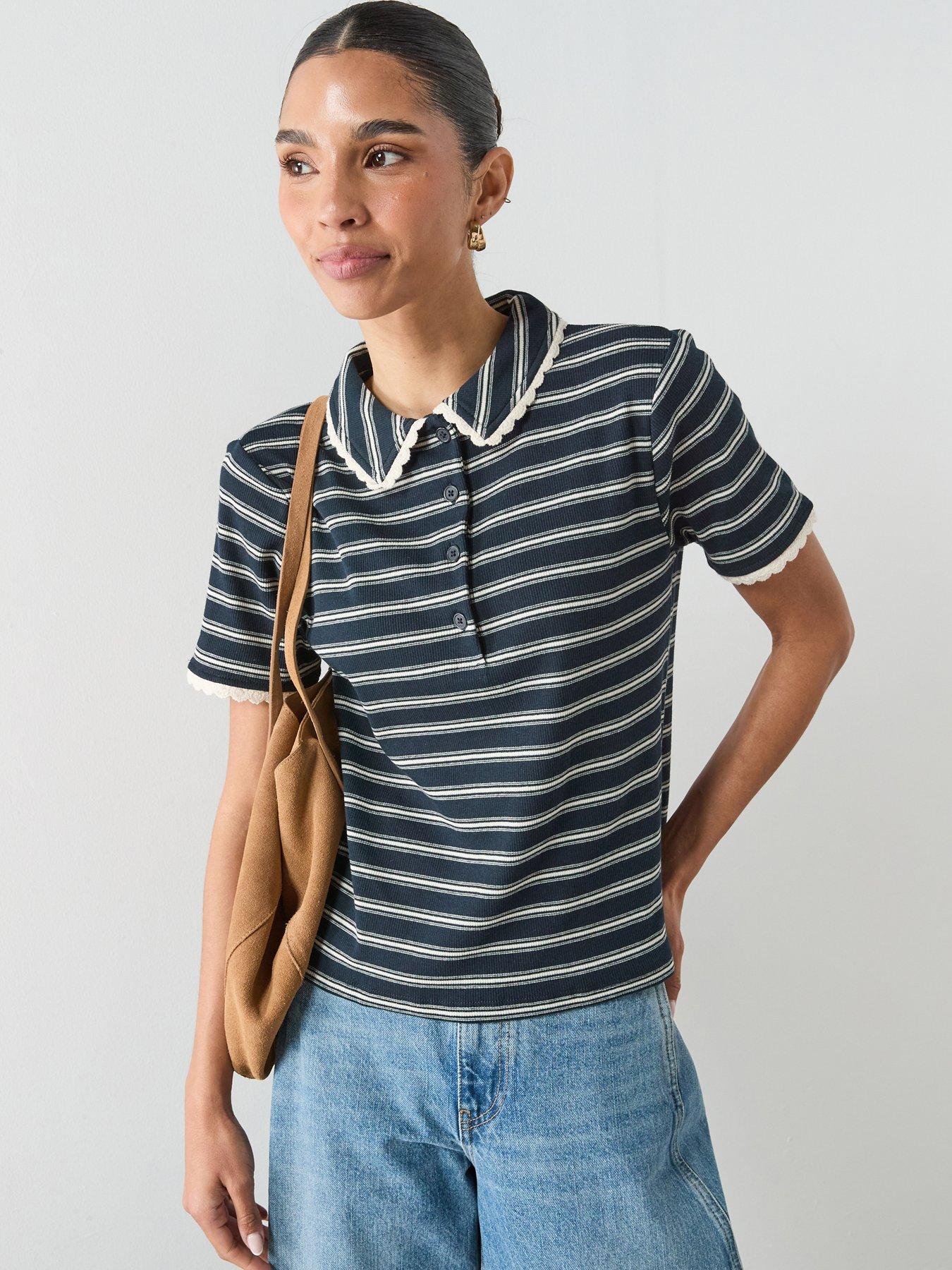 Image 1 of 6 of Mango Scalloped Striped Polo - Navy