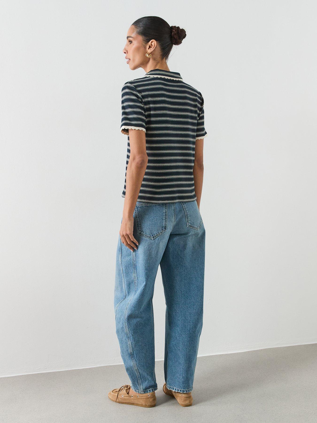 Image 2 of 6 of Mango Scalloped Striped Polo - Navy