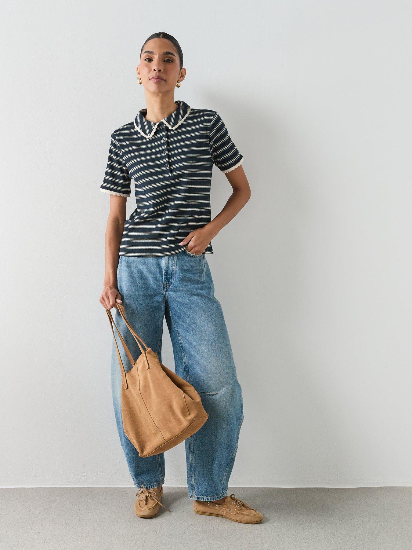 Image 3 of 6 of Mango Scalloped Striped Polo - Navy