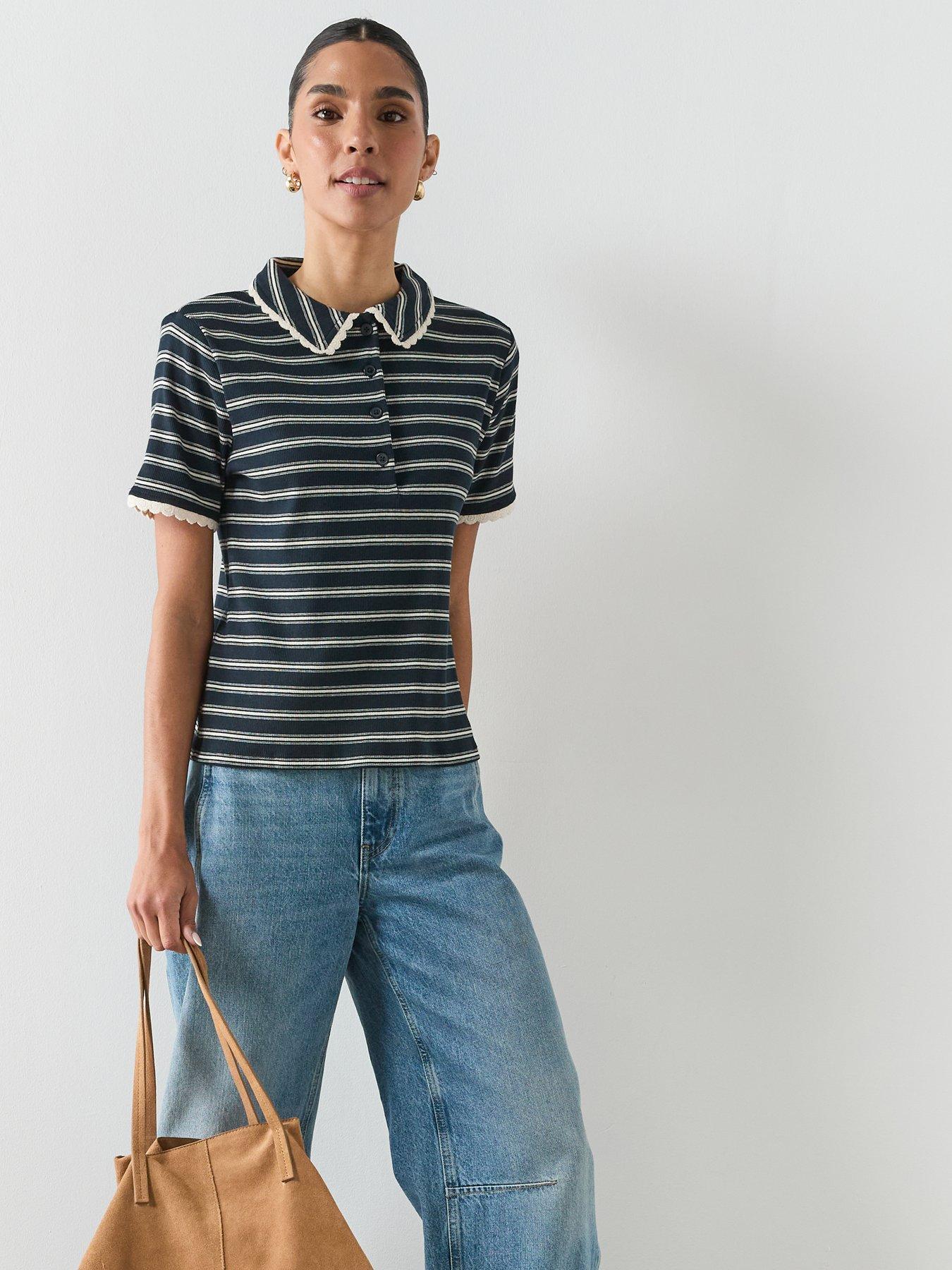 Image 4 of 6 of Mango Scalloped Striped Polo - Navy