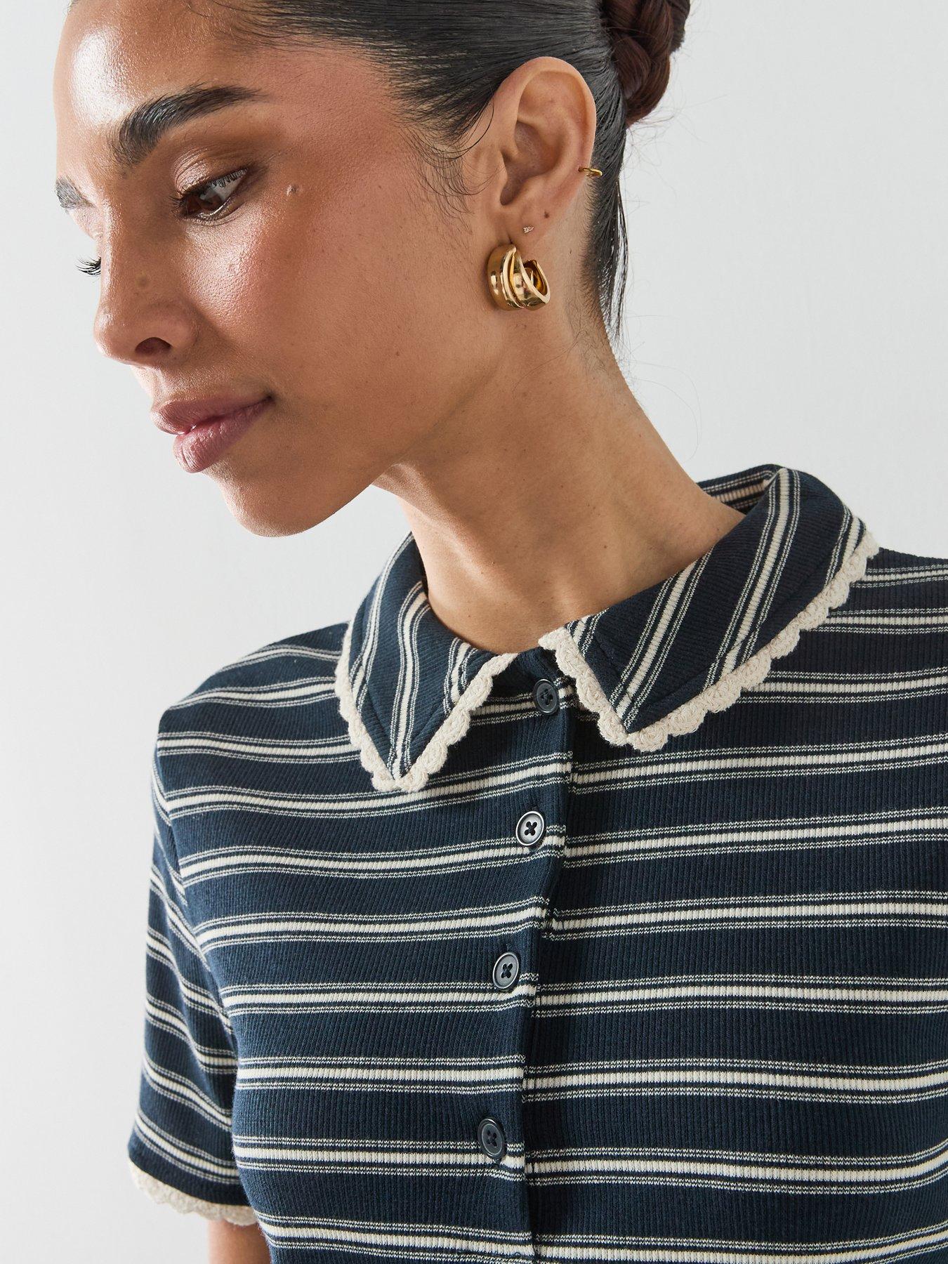 Image 5 of 6 of Mango Scalloped Striped Polo - Navy