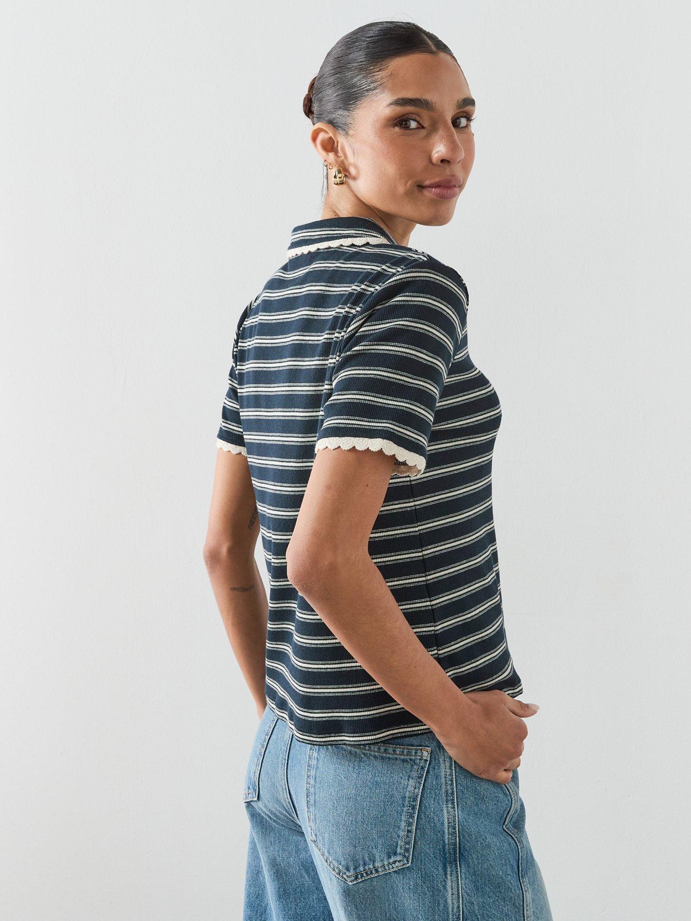 Image 6 of 6 of Mango Scalloped Striped Polo - Navy