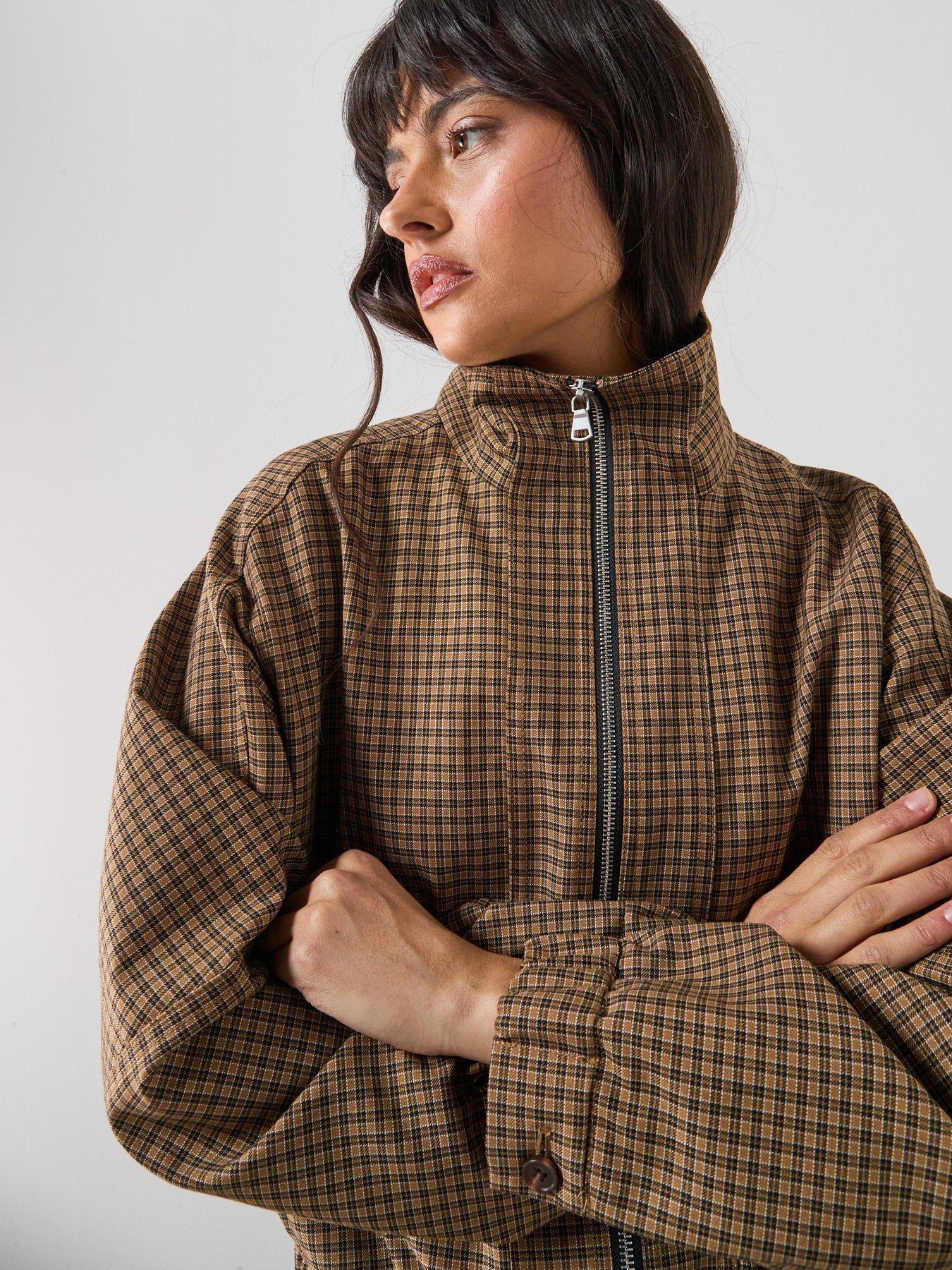 Image 4 of 6 of Mango Houndstooth High-Collar Jacket - Brown