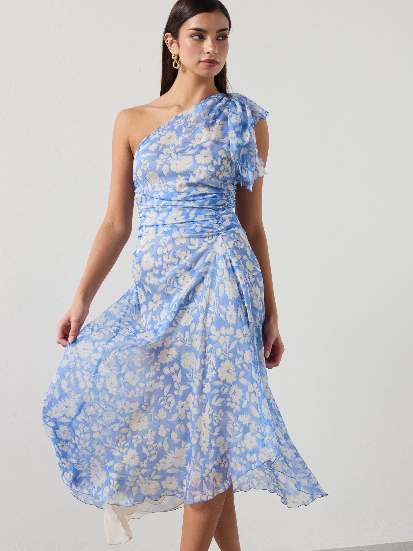 Mango Floral Dress With Asymmetrical Neckline - Blue