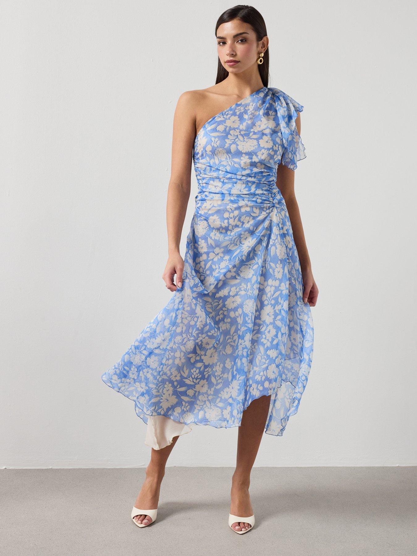 Mango Floral Dress With Asymmetrical Neckline - Blue