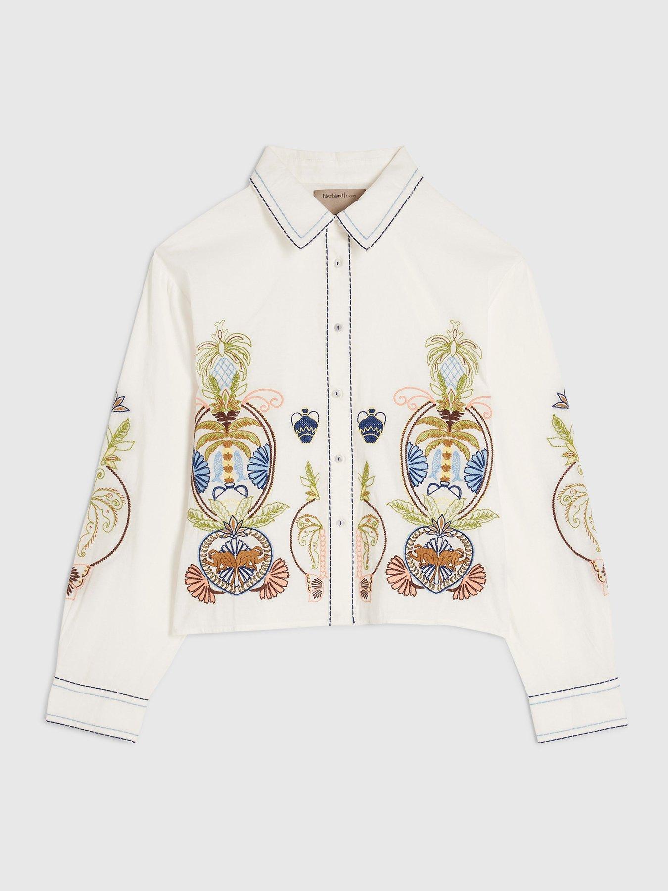 Image 5 of 6 of River Island Emb Palm Placement Co-ord Shirt - White