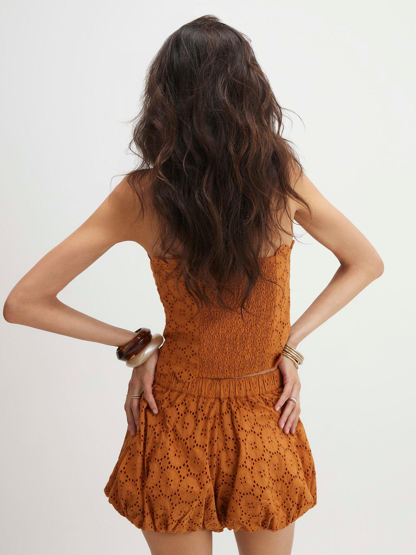 Image 2 of 6 of River Island Cotton Broderie Bubble Hem Shorts - Orange