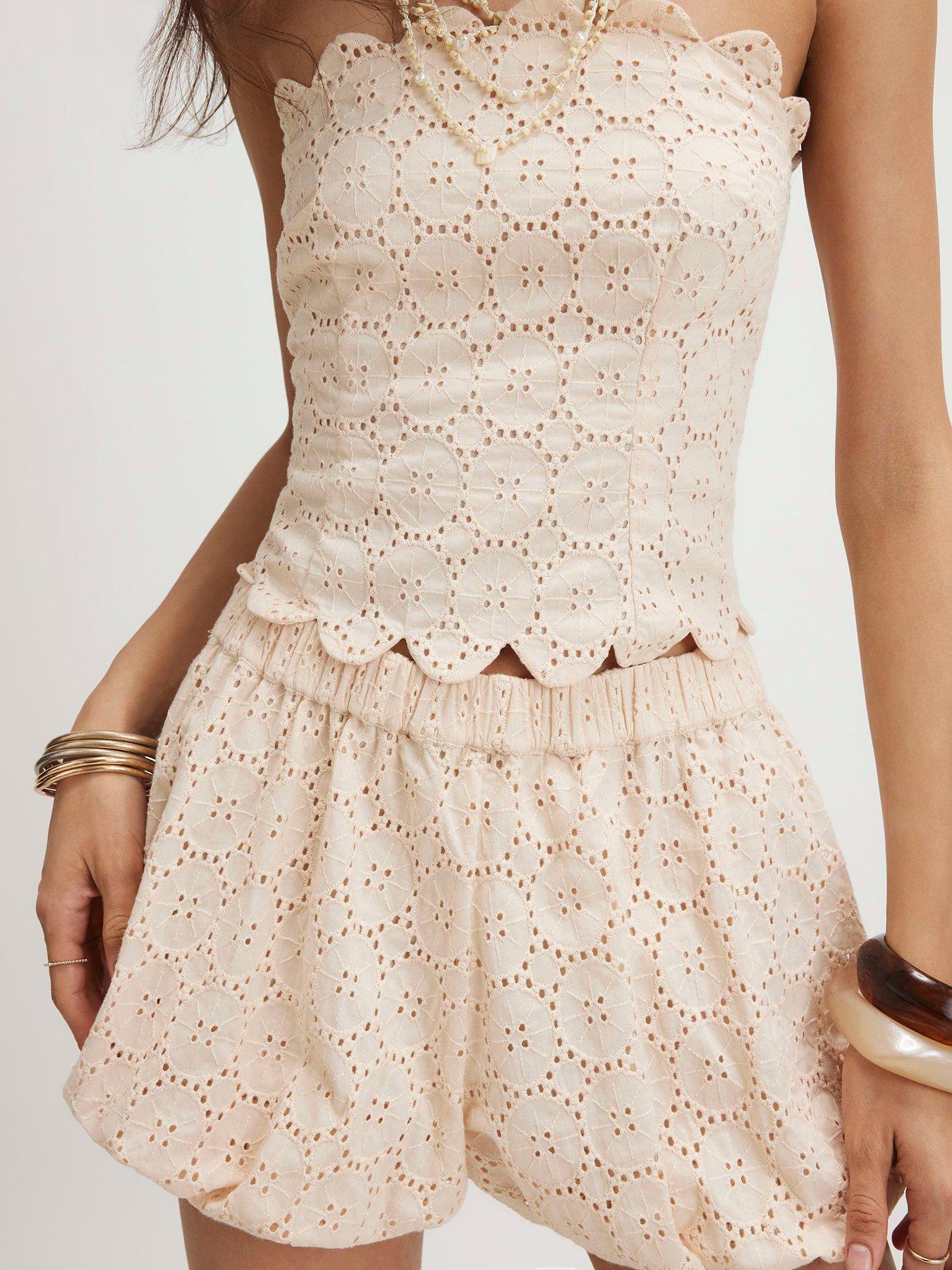 Image 1 of 6 of River Island Broderie Puffball Short - Beige
