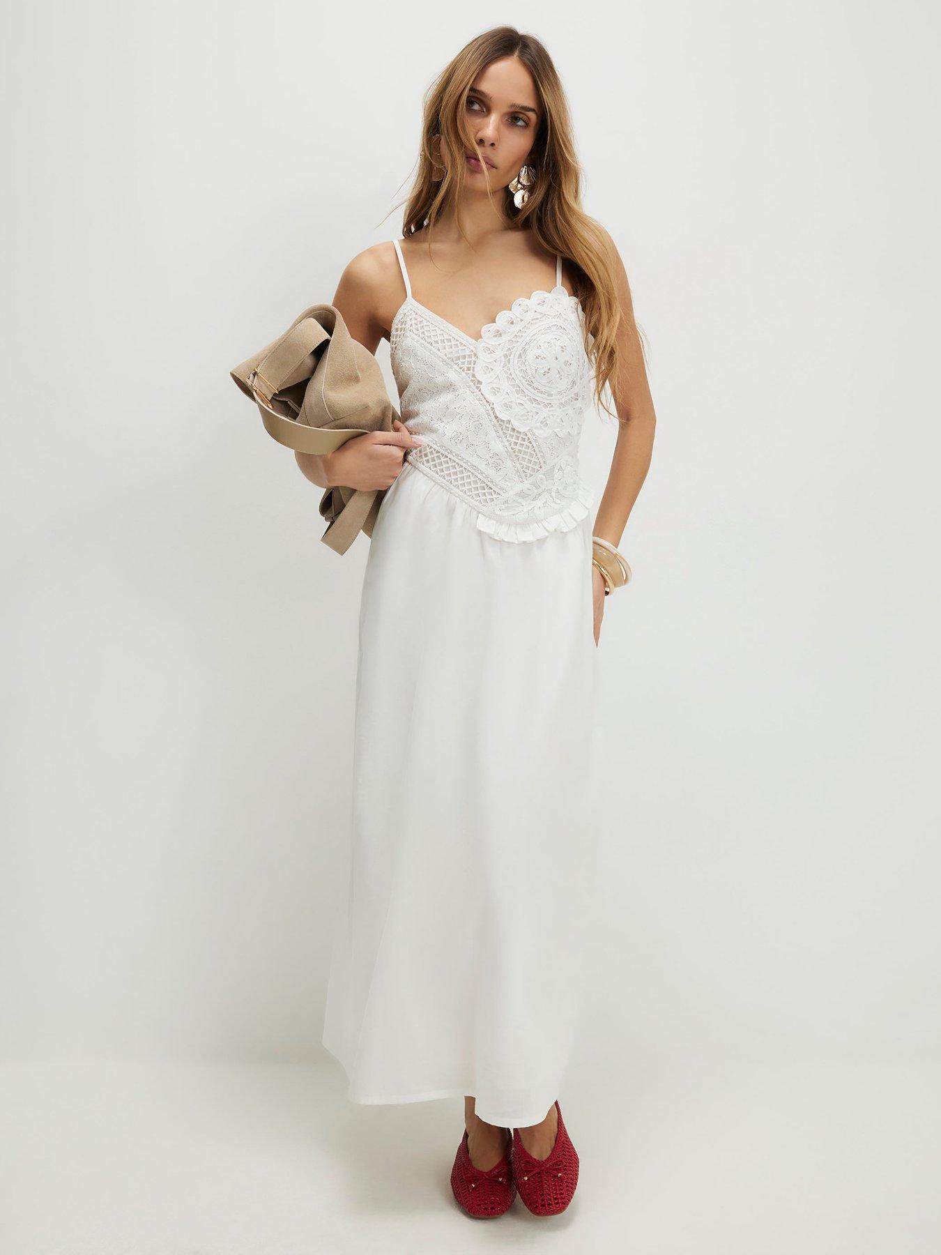 tall denim dress for women Laura Maxi Promotion_BMSM24 Color:White & Blue while a front slit Fresh Spring Cucumber Radish
