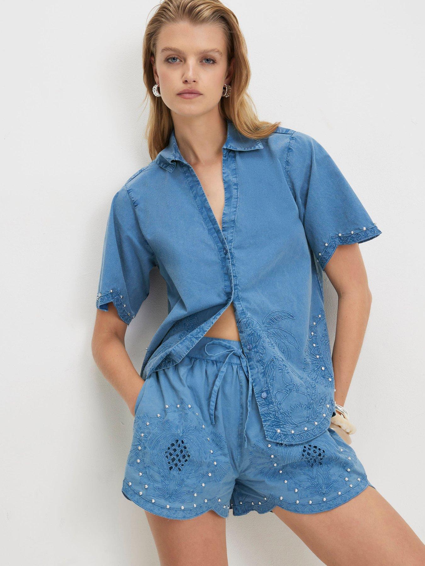 Image 1 of 6 of River Island Chambray Cutwork Embellished Shorts Co-Ord - Blue