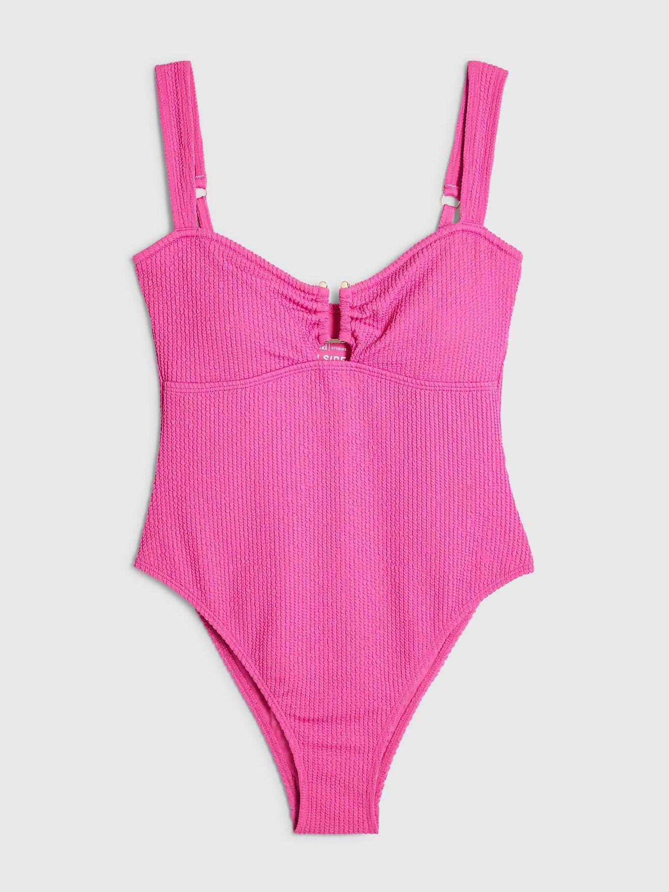 Image 4 of 5 of River Island Metal Trim Textured Swimsuit - Pink