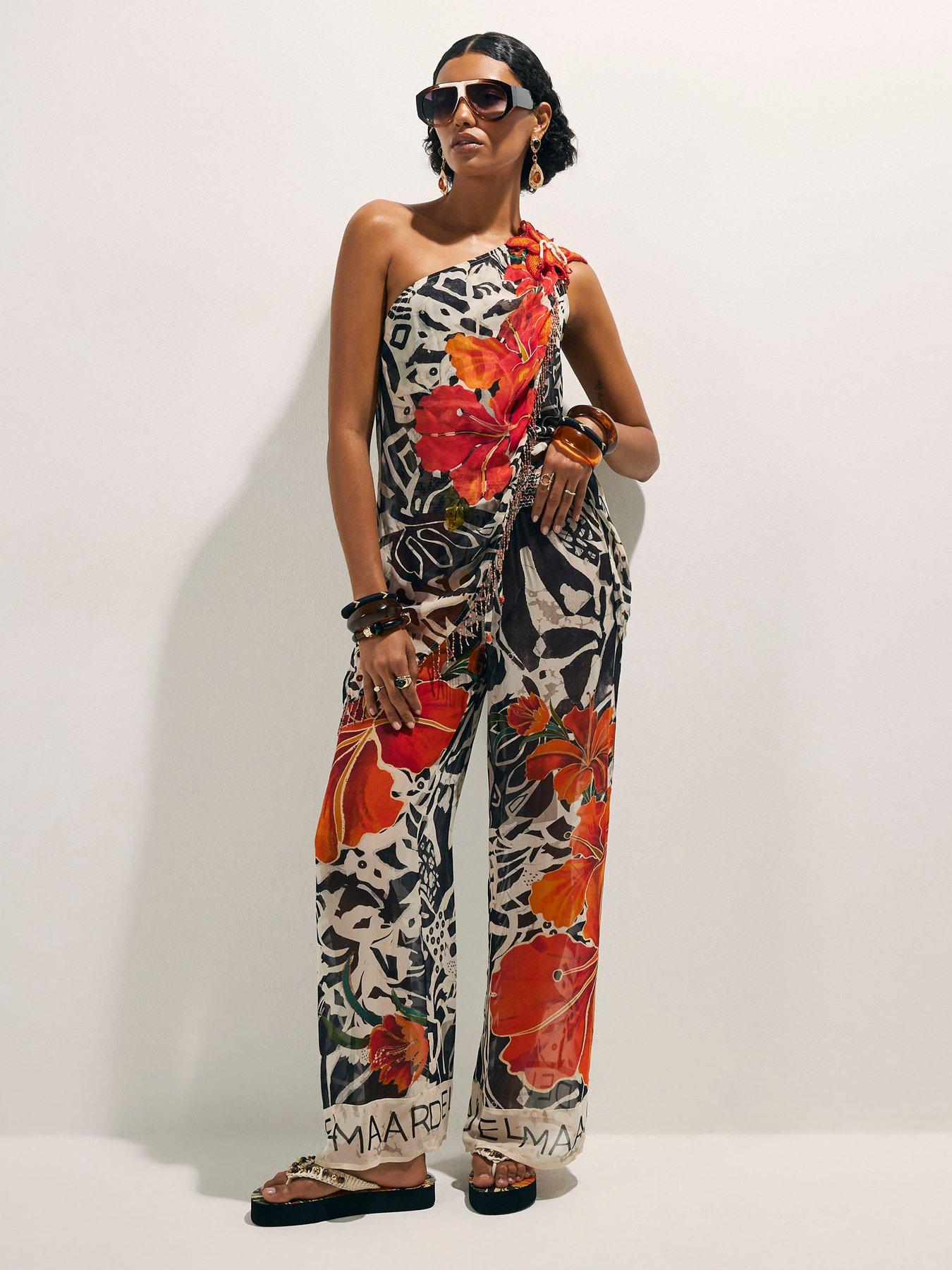 Image 4 of 6 of River Island Del Mar Wide Leg Floral Placed Trouser - Black