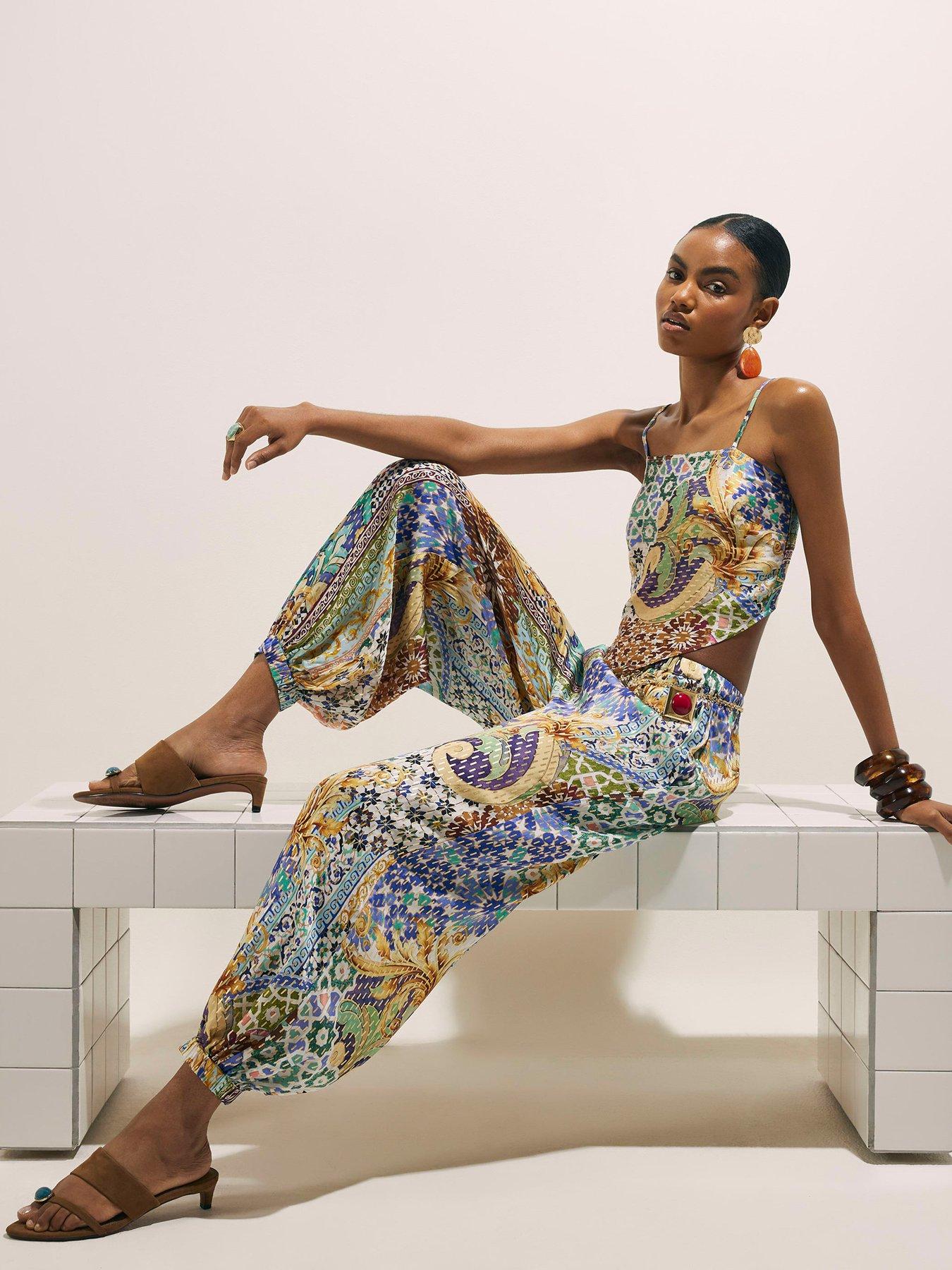 Image 3 of 6 of River Island Del Mar Tile Print Hareem Co-ord Trousers - Blue
