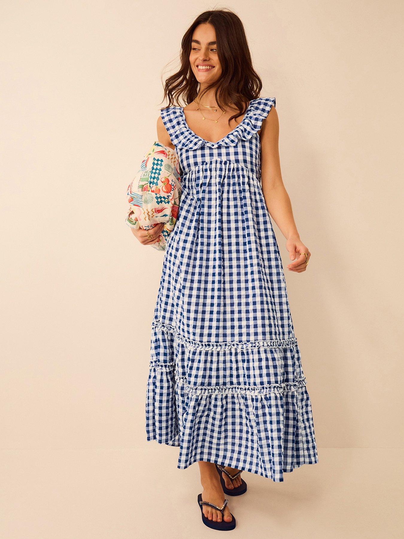 Image 1 of 5 of Accessorize Gingham Print Ruffle Midi Dress