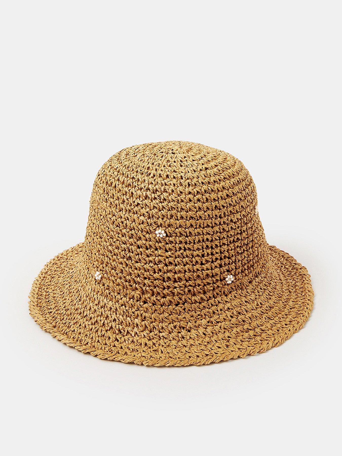 Accessorize Beaded Flower Straw Bucket Hat