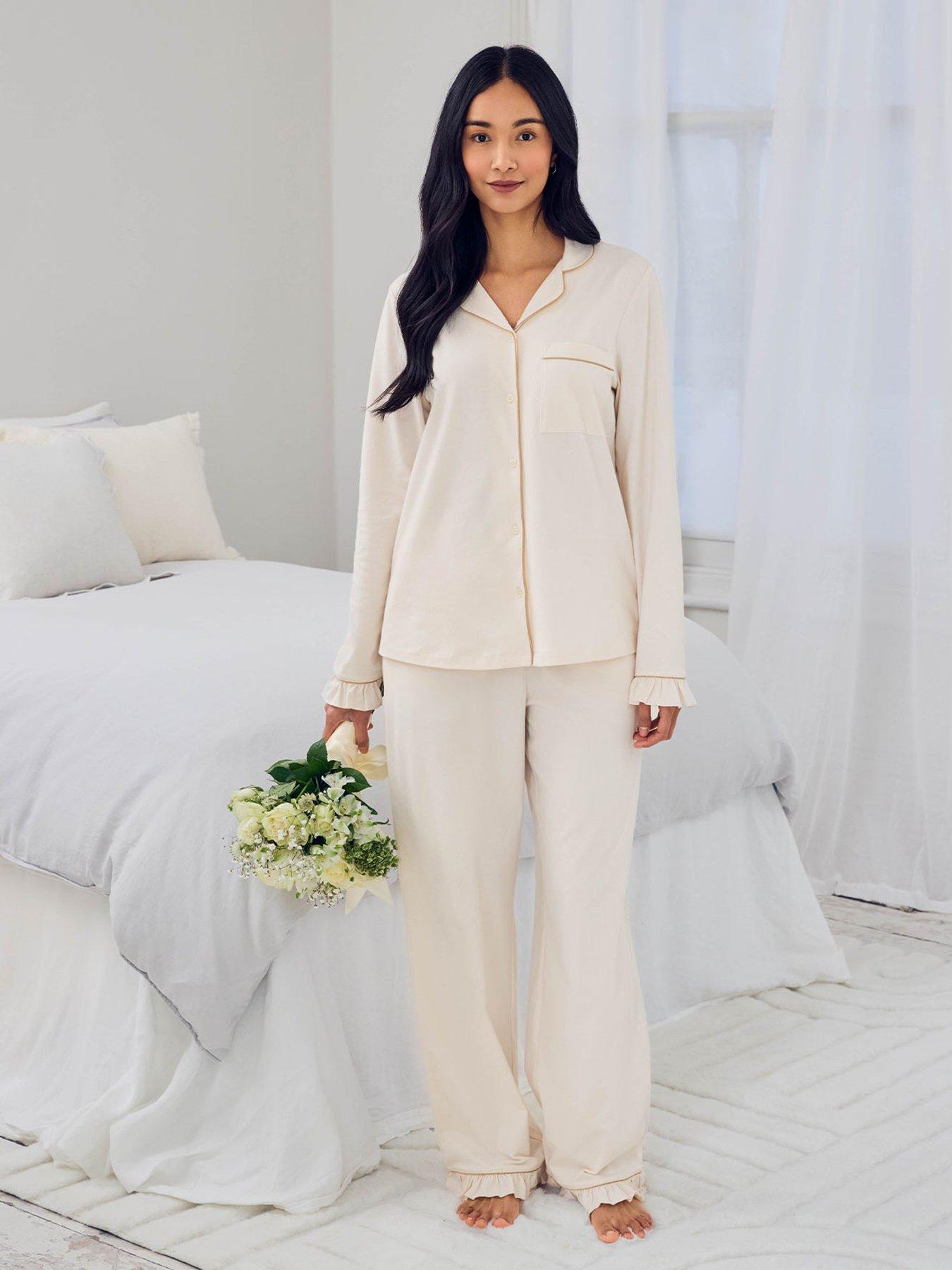 CHELSEA PEERS Chelsea Peers & Cotton Embroidered Just Married Frill Long Pyjama Set, White, Size 10, Women
