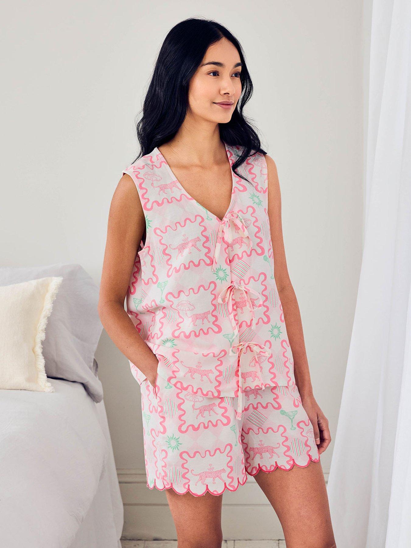 CHELSEA PEERS Linen-blend Tie Front Cami Cocktail Leopard Geo Print Short Pyjama Set