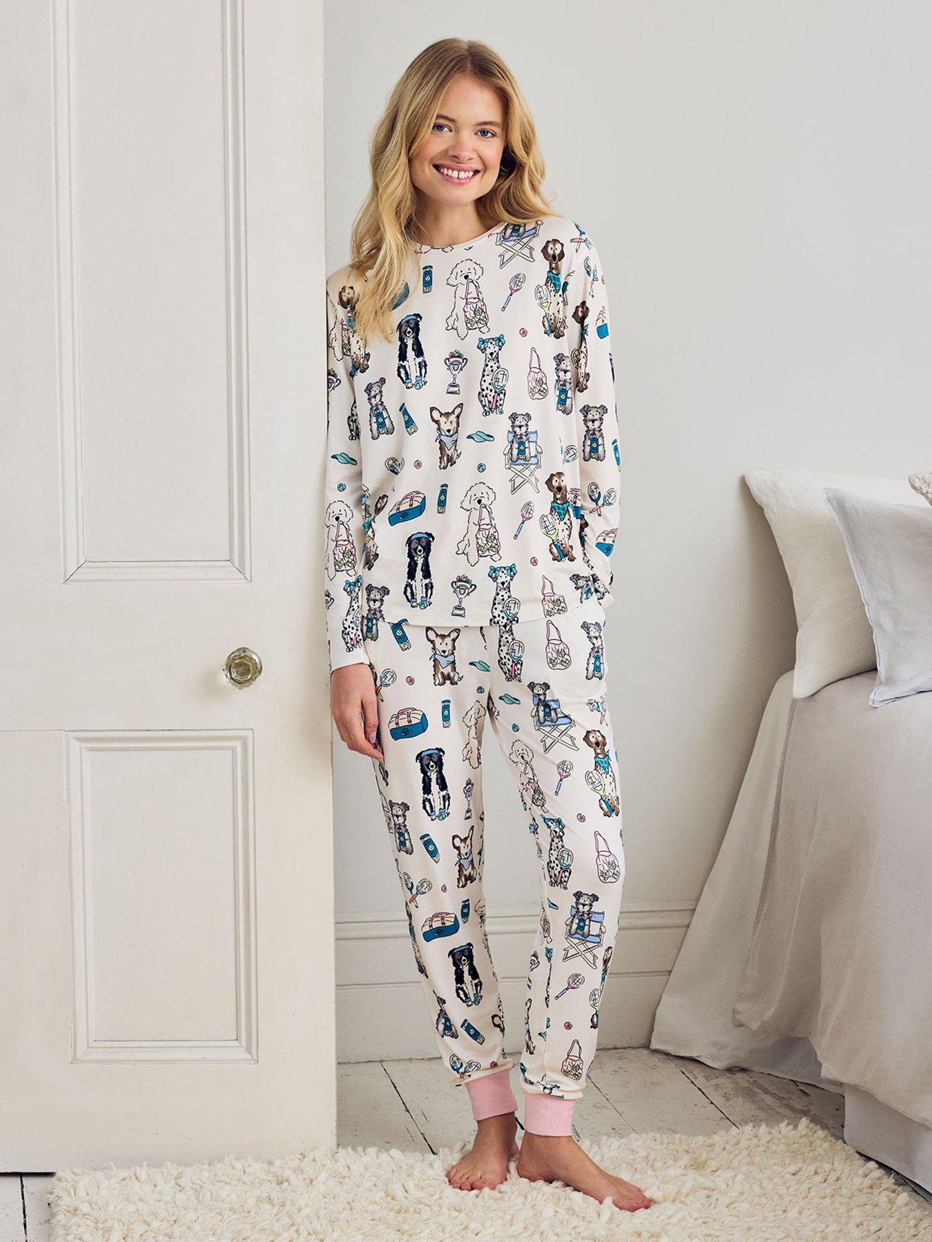 Image 1 of 6 of CHELSEA PEERS Tennis Dogs Print Long Pyjama Set - Cream
