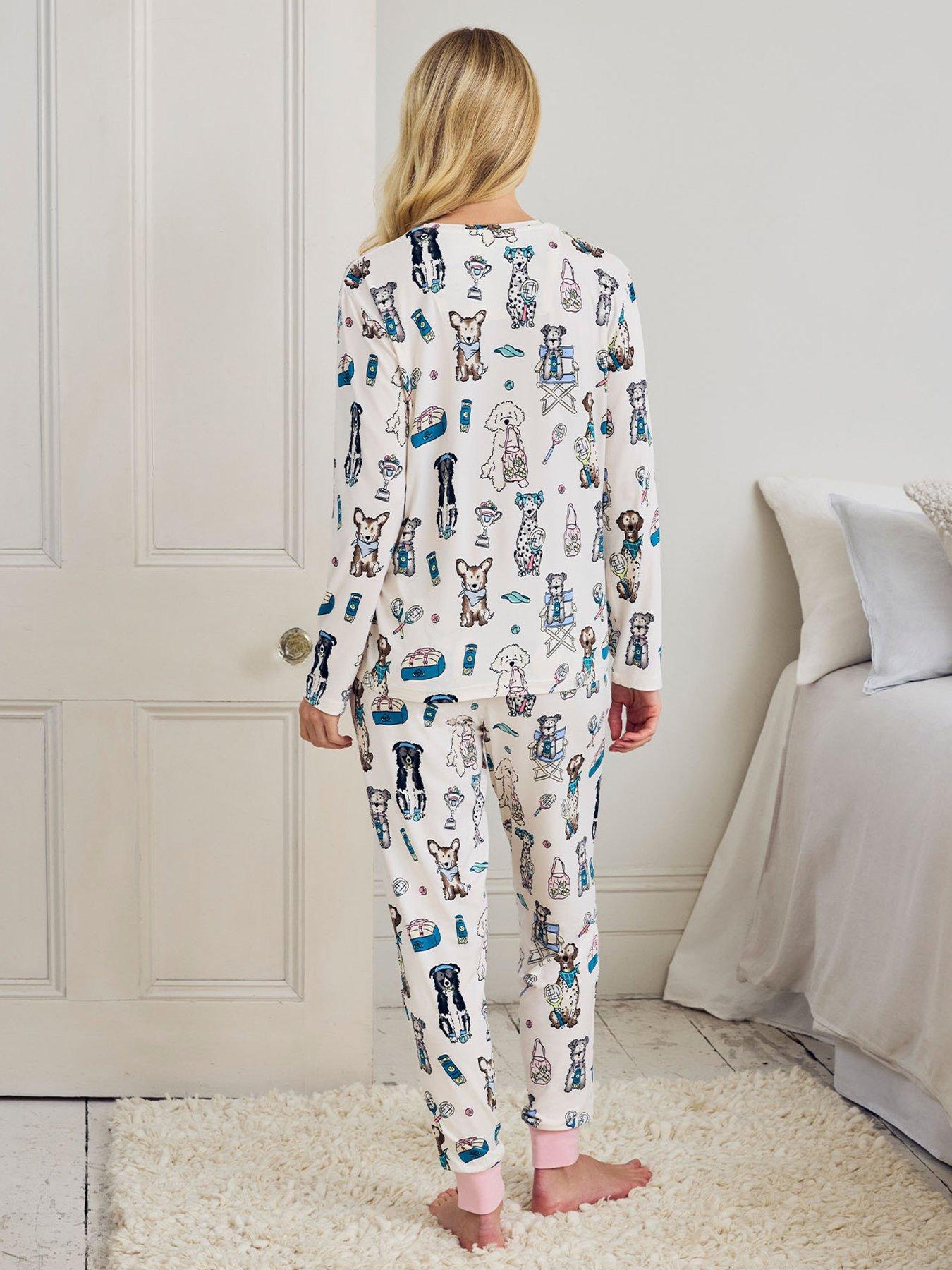 Image 2 of 6 of CHELSEA PEERS Tennis Dogs Print Long Pyjama Set - Cream
