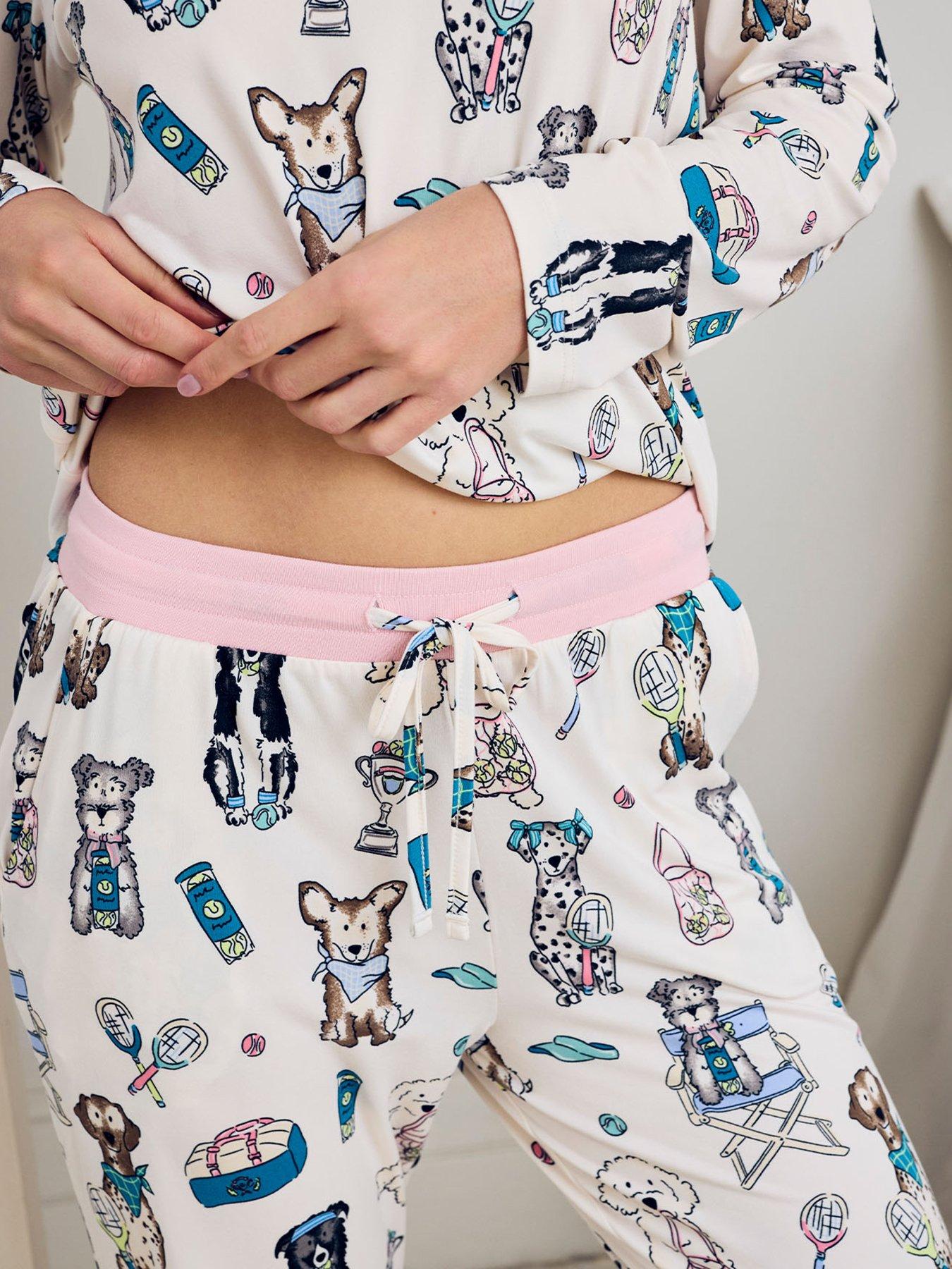 Image 5 of 6 of CHELSEA PEERS Tennis Dogs Print Long Pyjama Set - Cream