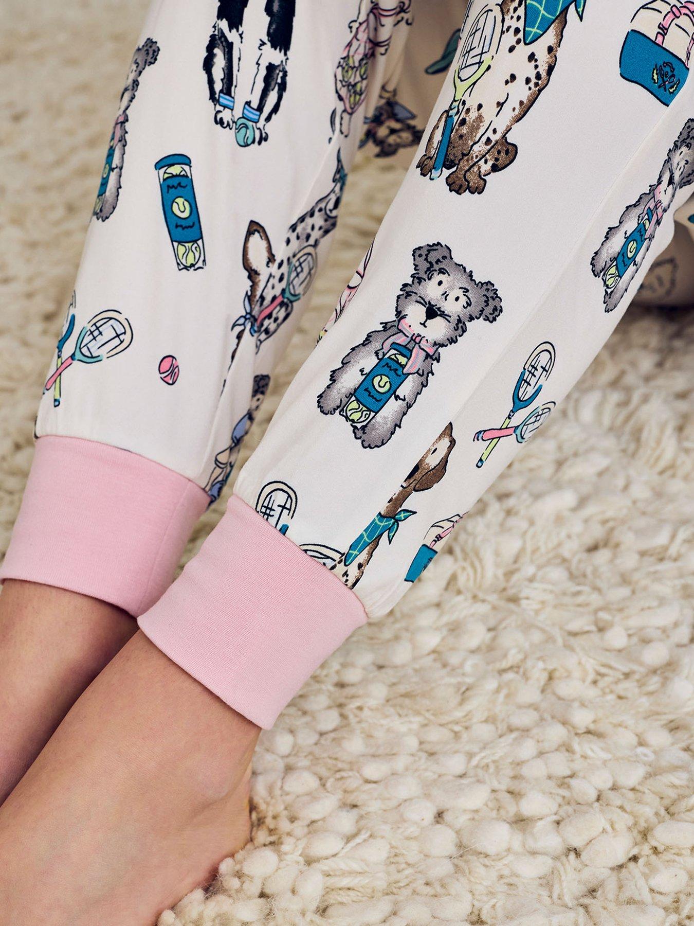 Image 6 of 6 of CHELSEA PEERS Tennis Dogs Print Long Pyjama Set - Cream