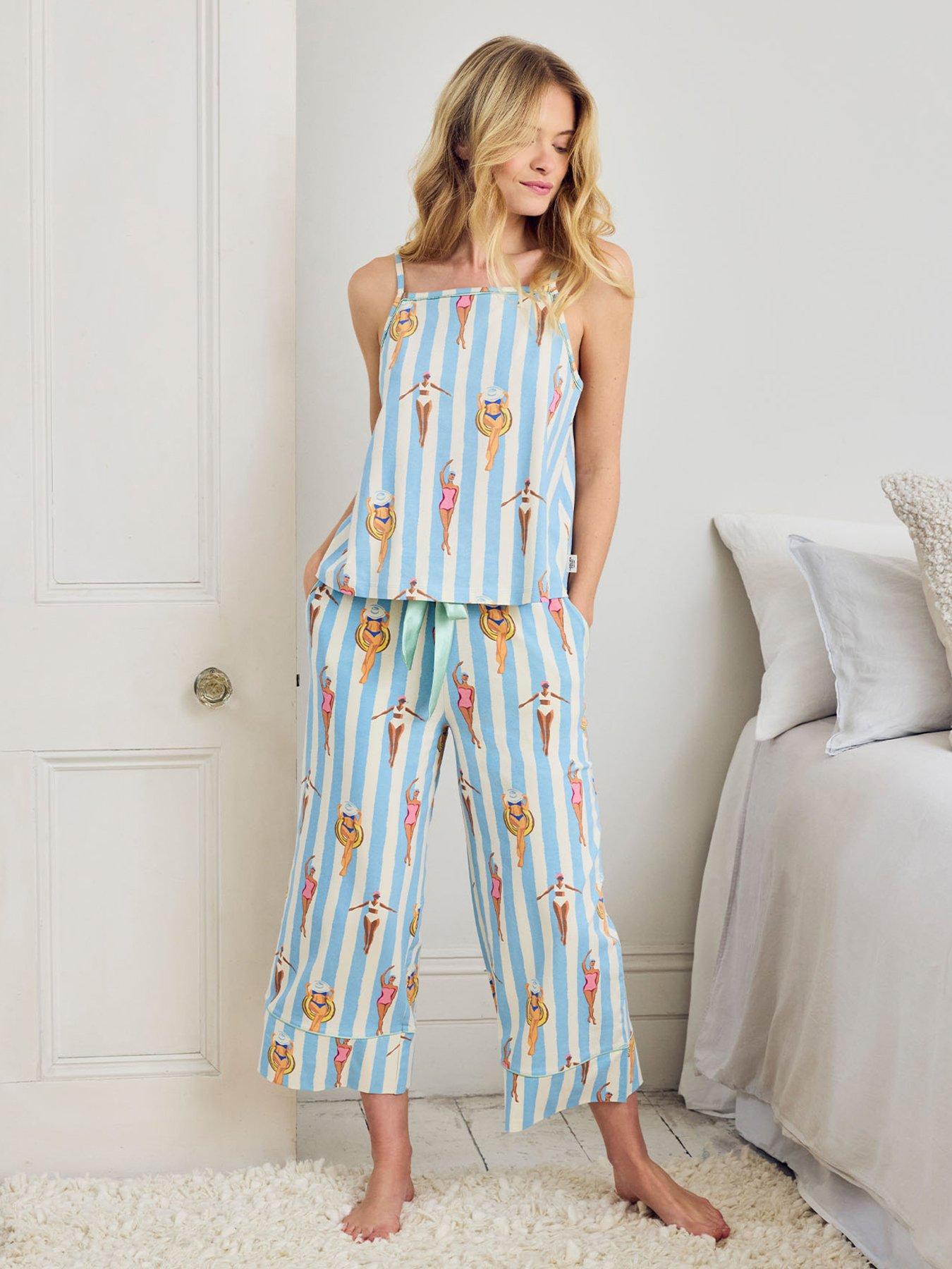 CHELSEA PEERS Swimming Society Stripe Print Cami Long Pyjama Set, Blue, Size 16, Women