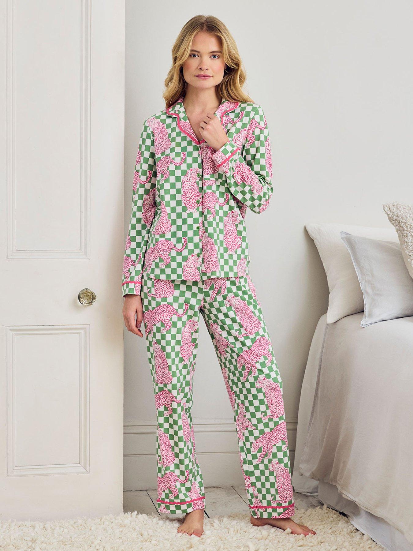 CHELSEA PEERS Chelsea Peers & Cotton Checkerboard Leopards Print Long Pyjama Set, Green, Size 14, Women