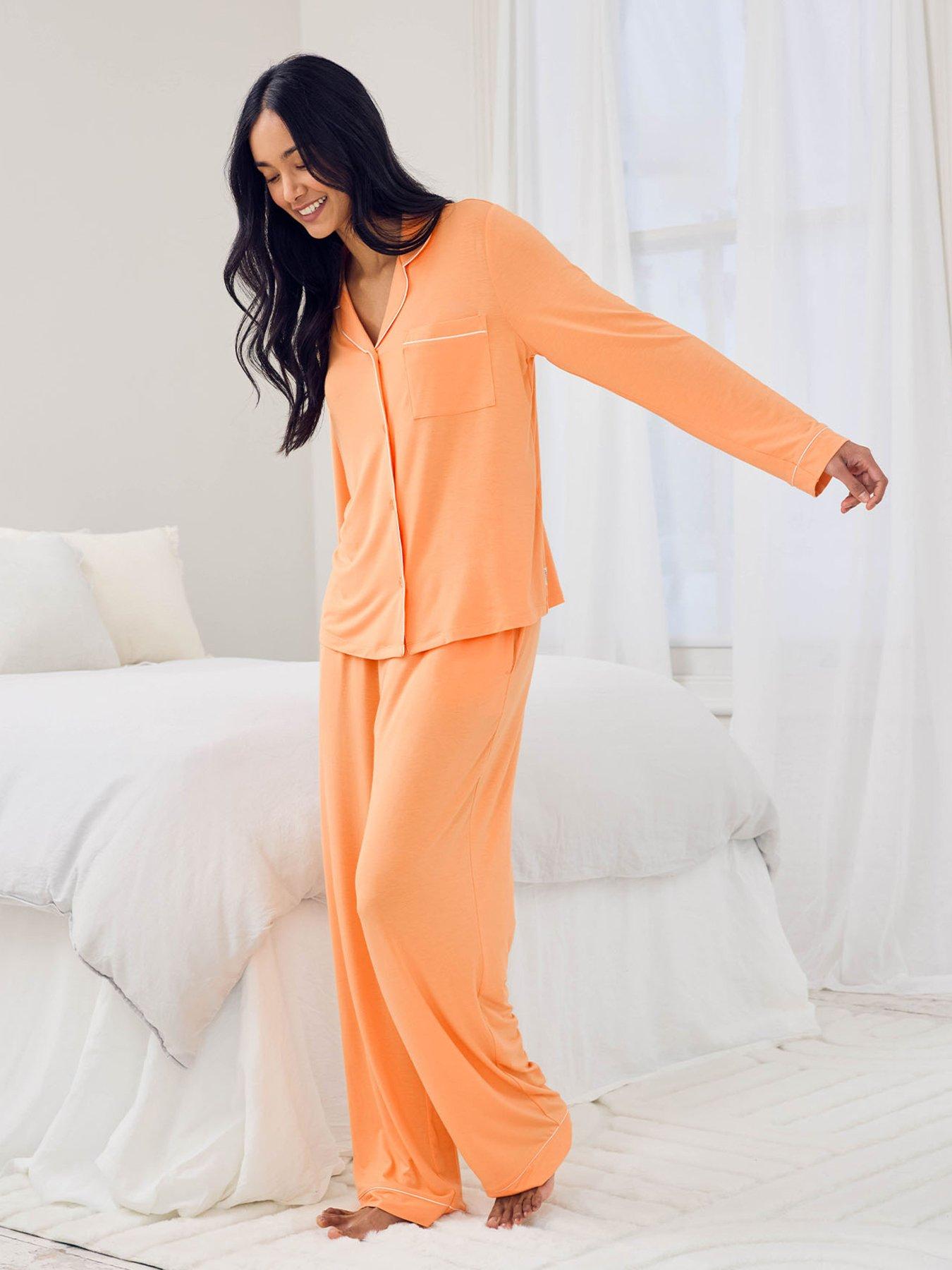 CHELSEA PEERS Chelsea Peers & Modal Button Up Long Pyjama Set, Orange, Size 8, Women