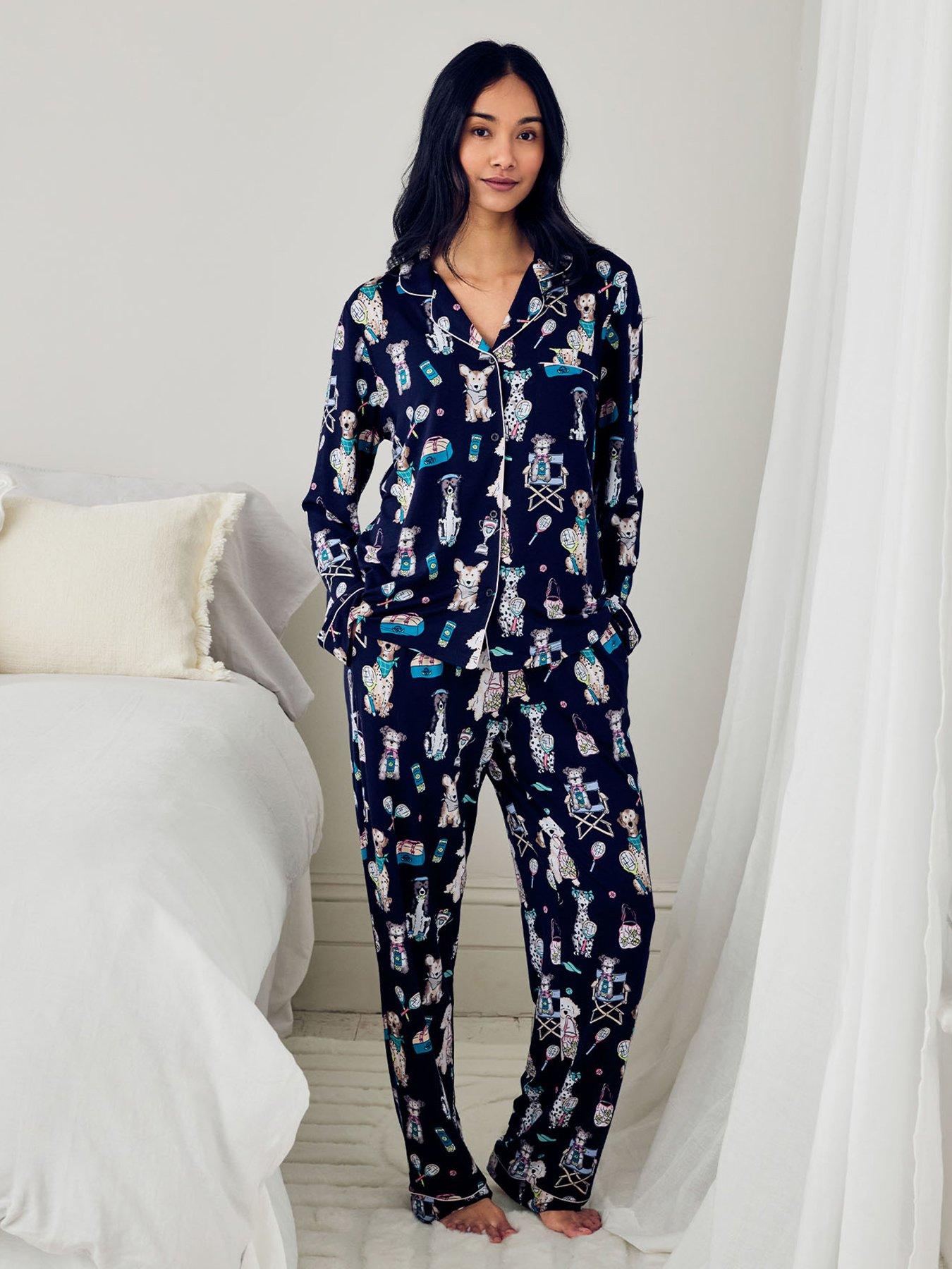 Chelsea Peers Chelsea Peers & Modal Tennis Dogs Print Long Pyjama Set - Navy