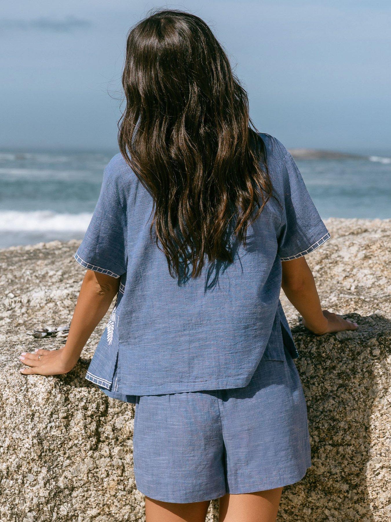 Image 2 of 5 of CHELSEA PEERS Embroidered Chambray Organic&nbsp;Short Sleeve Shirt - Blue