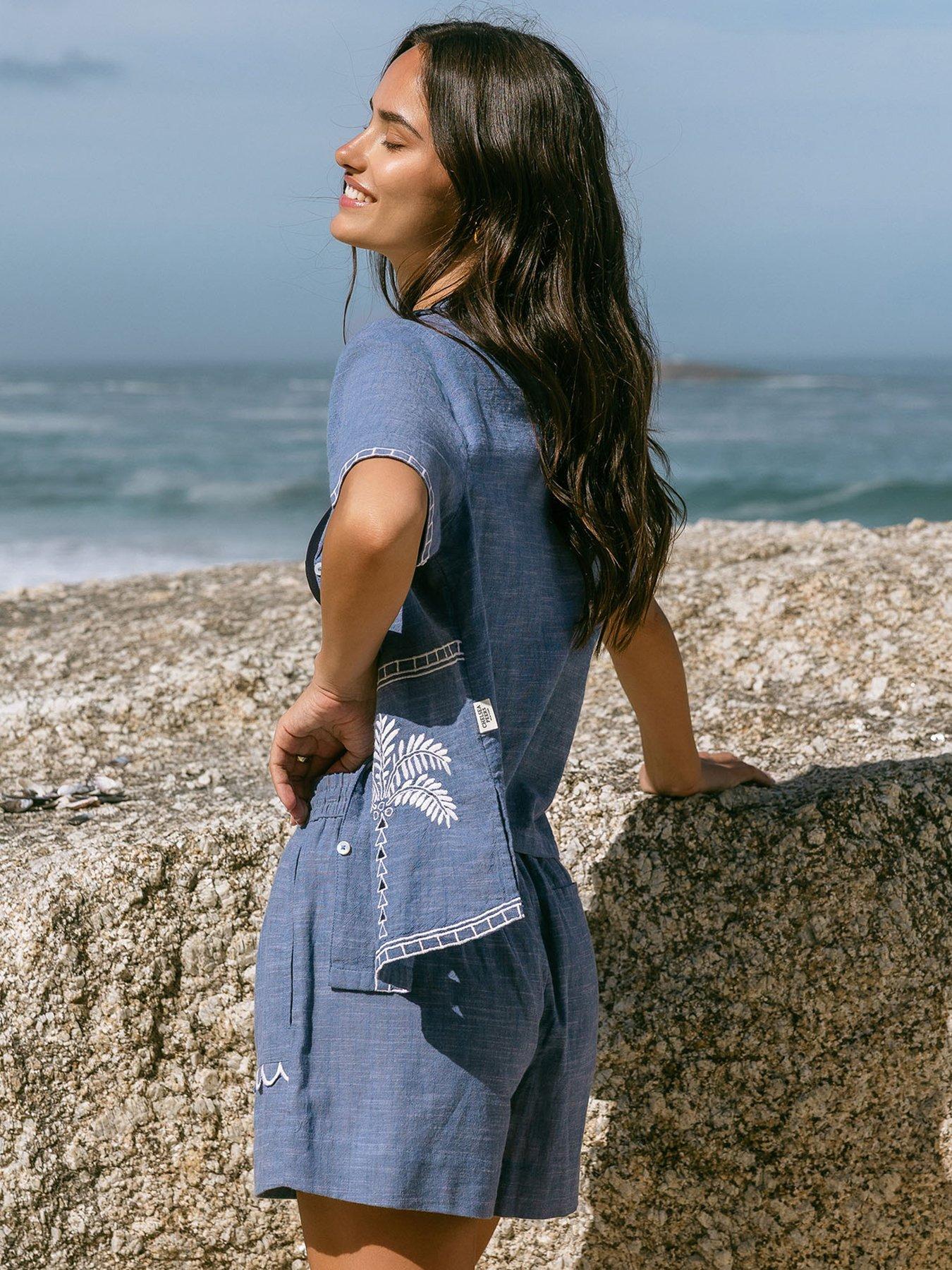 Image 3 of 5 of CHELSEA PEERS Embroidered Chambray Organic&nbsp;Short Sleeve Shirt - Blue