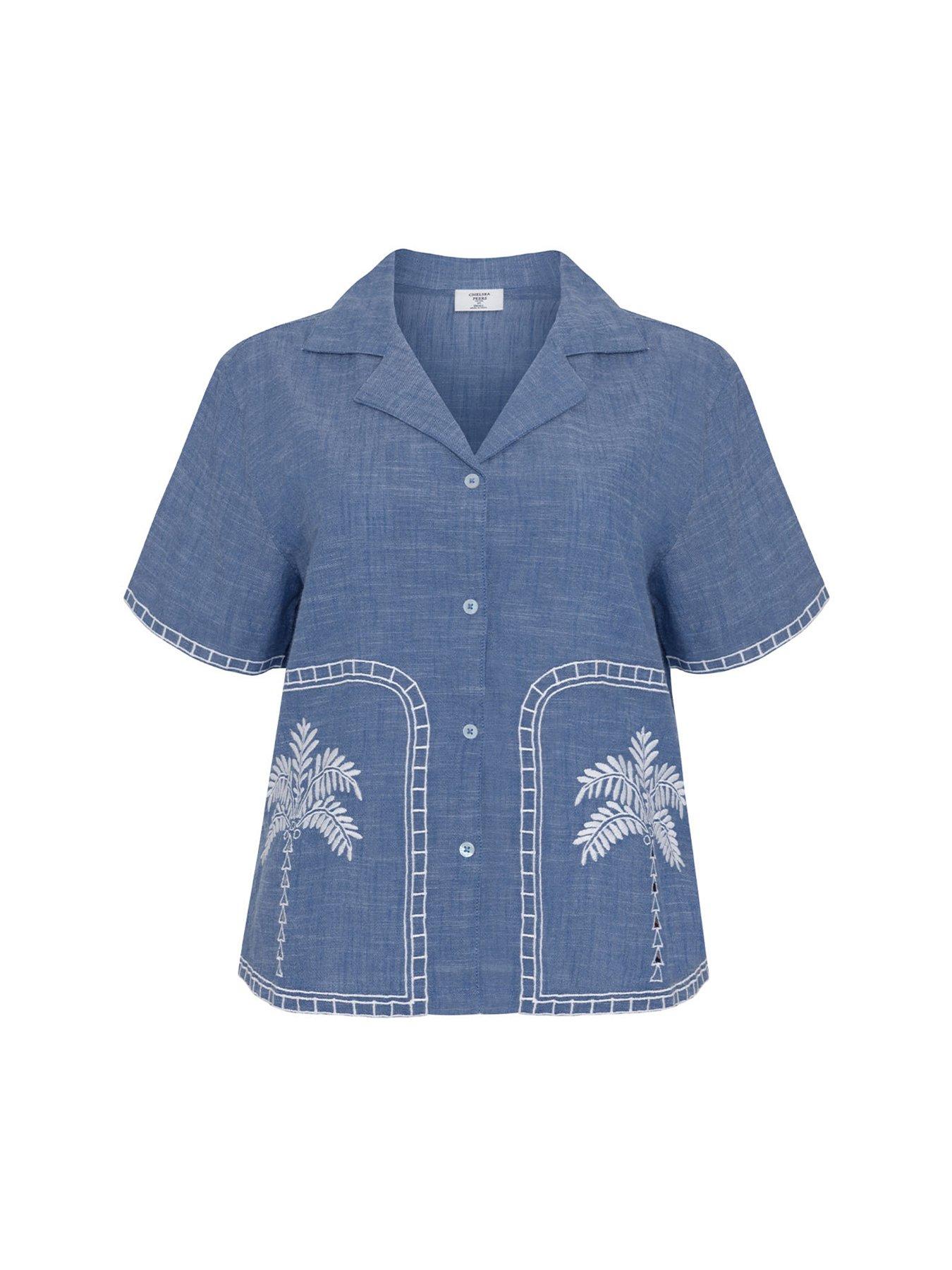 Image 5 of 5 of CHELSEA PEERS Embroidered Chambray Organic&nbsp;Short Sleeve Shirt - Blue