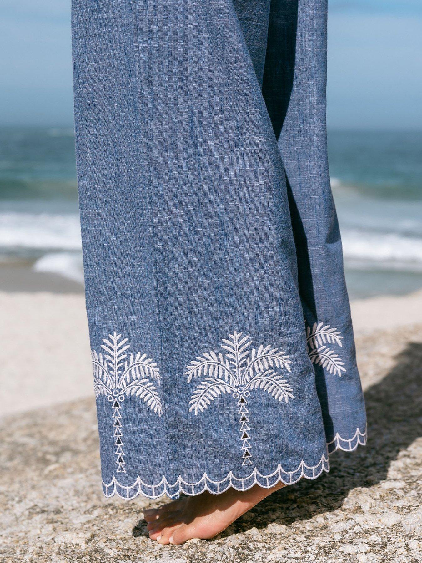 CHELSEA PEERS Embroidered Chambray Cotton Scallop Edge Wide Leg
