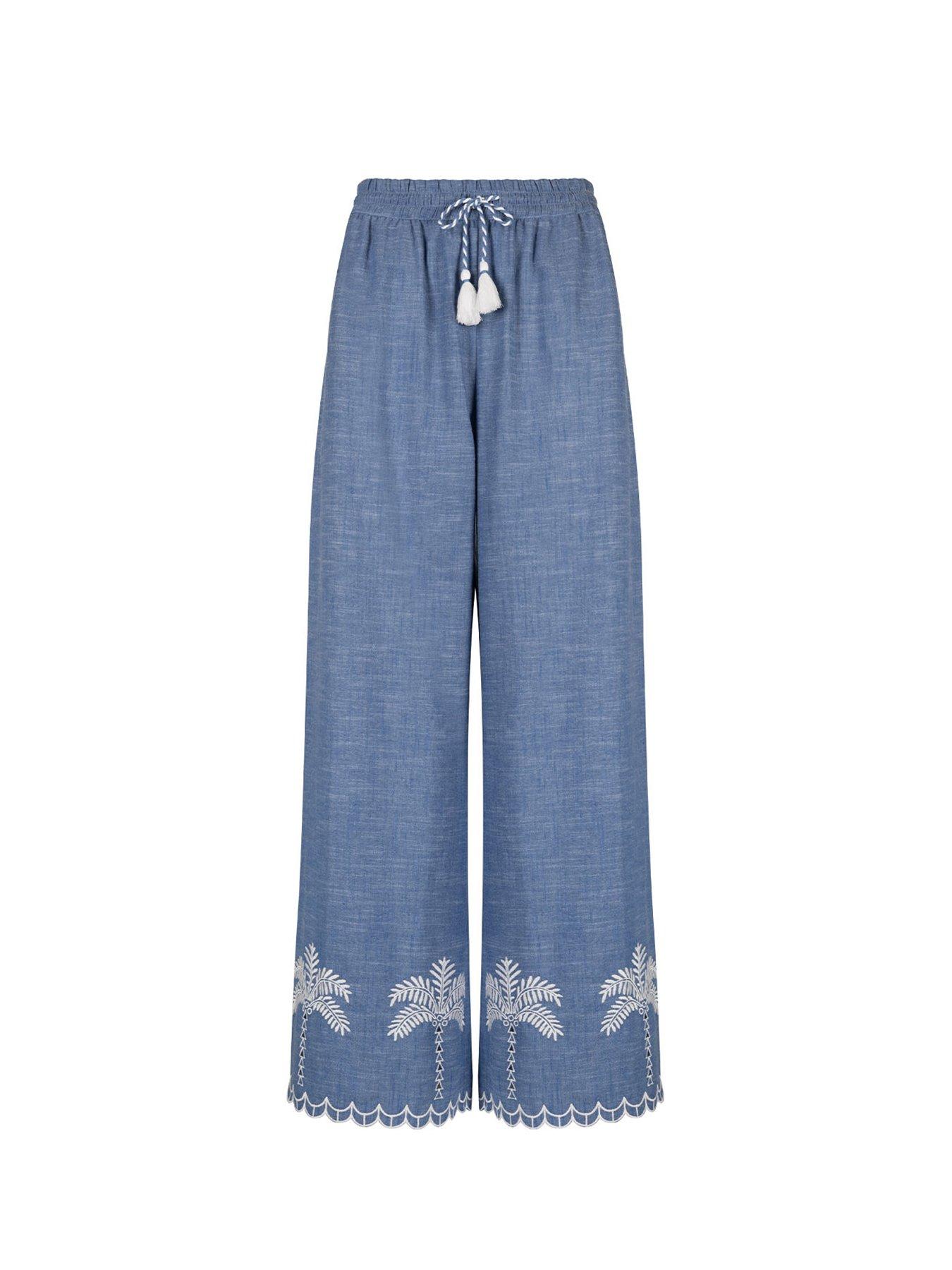 CHELSEA PEERS Embroidered Chambray Cotton Scallop Edge Wide Leg