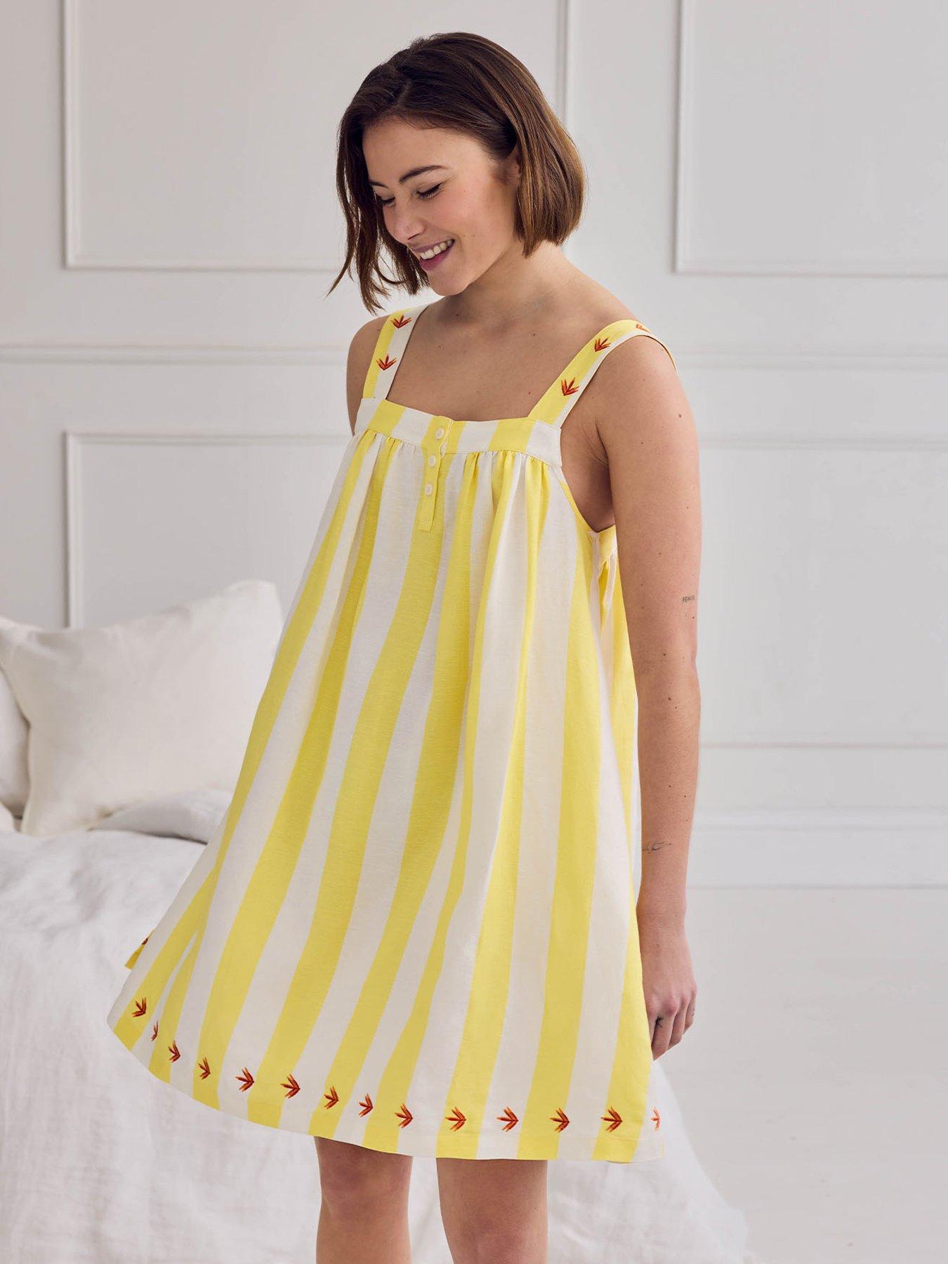 CHELSEA PEERS Linen Blend Embroidered Stripe Cami Nightshirt - Yellow