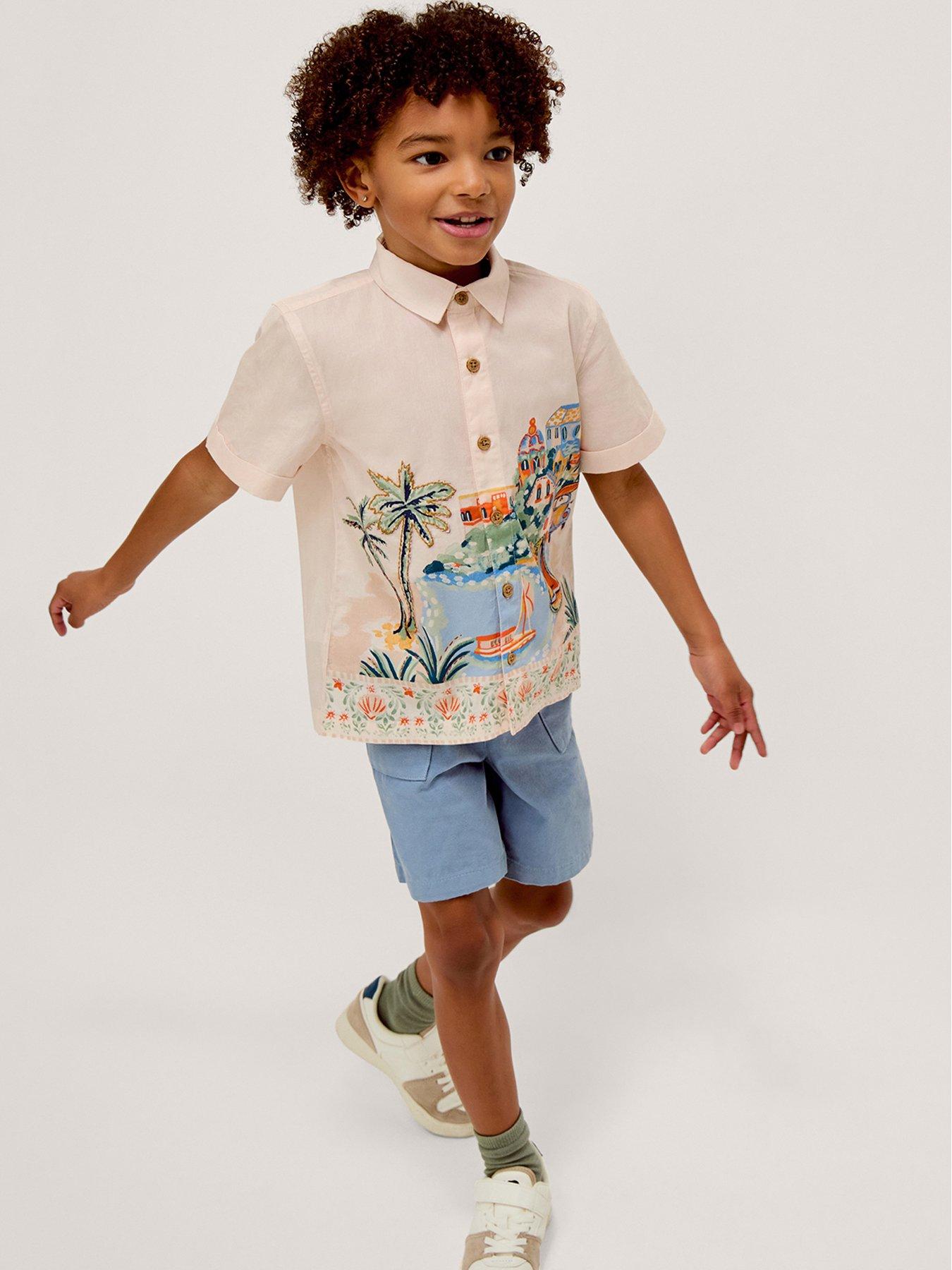 Monsoon Boys Short Sleeve Embroidered Scenic Shirt - Light Cream