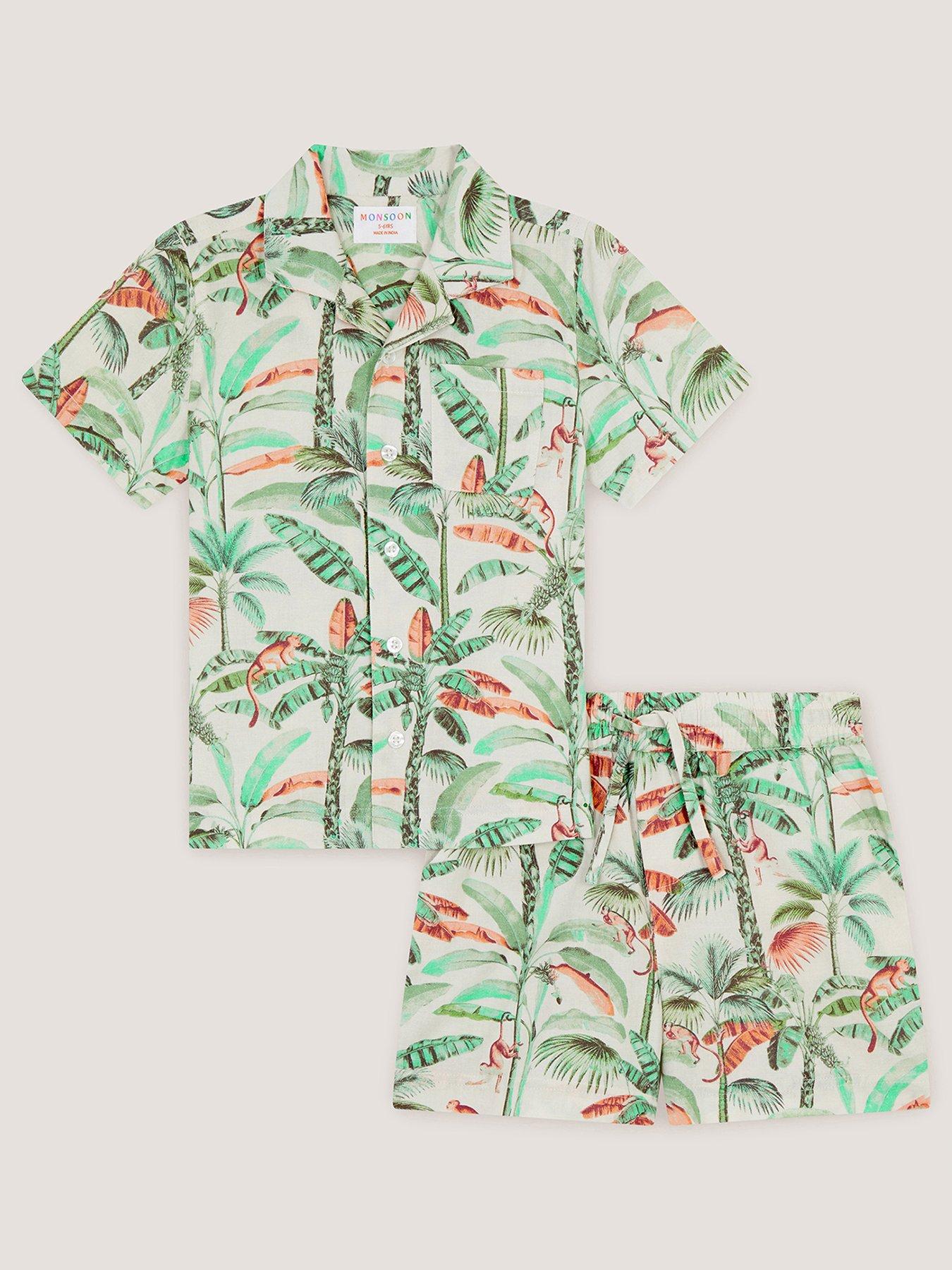 Monsoon Boys Tropical Palm Print & Shirt & Shorts Set, Light Cream, Size Age: 5-6 Years