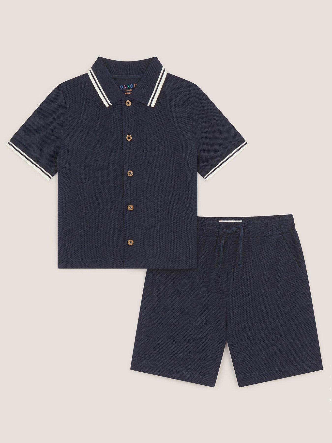 Monsoon Boys Button Through Jersey Shirt and Shorts Set - Navy