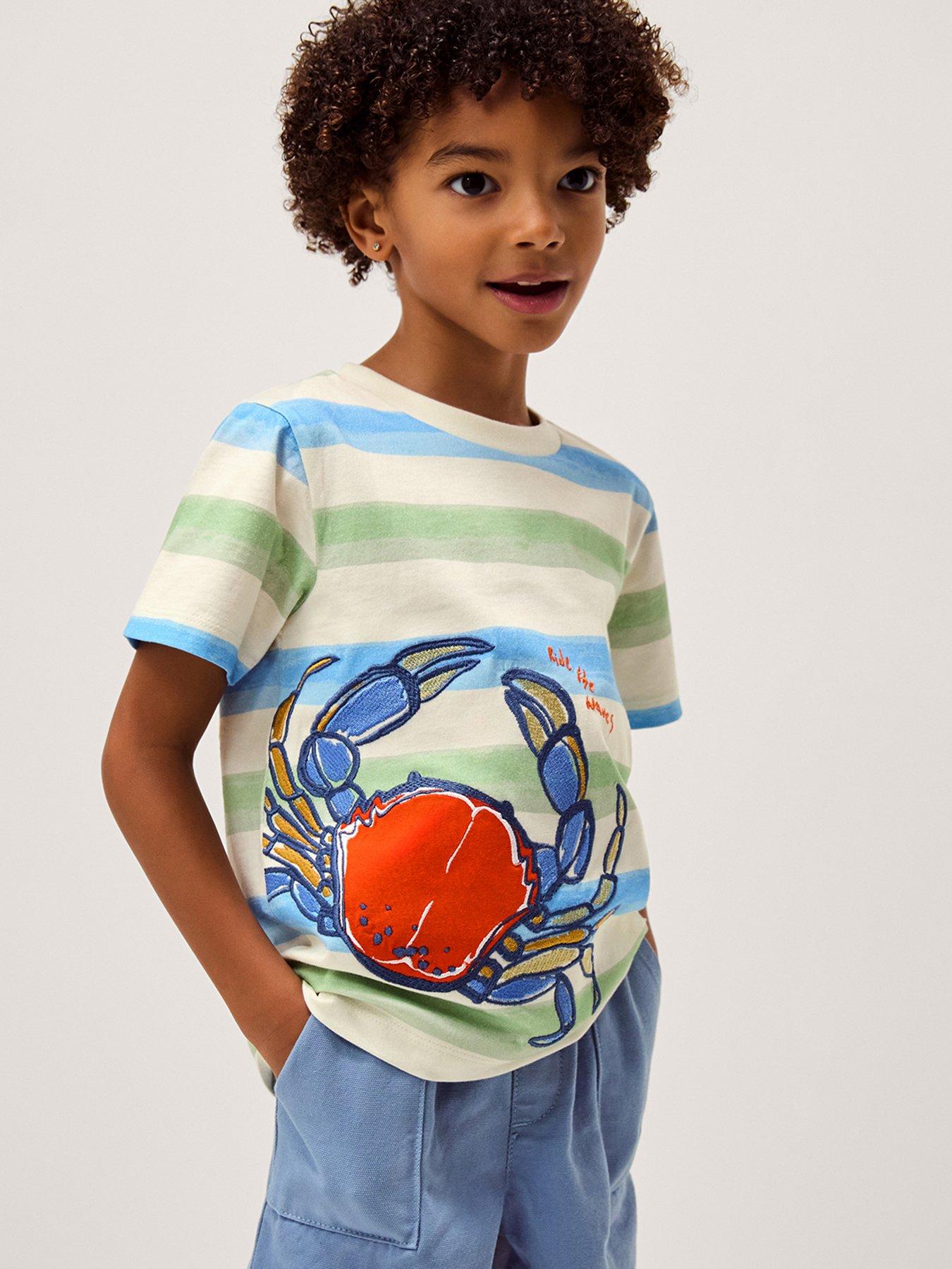 Monsoon Boys Crab Applique Stripy Tshirt, Blue, Size 11-12 Years