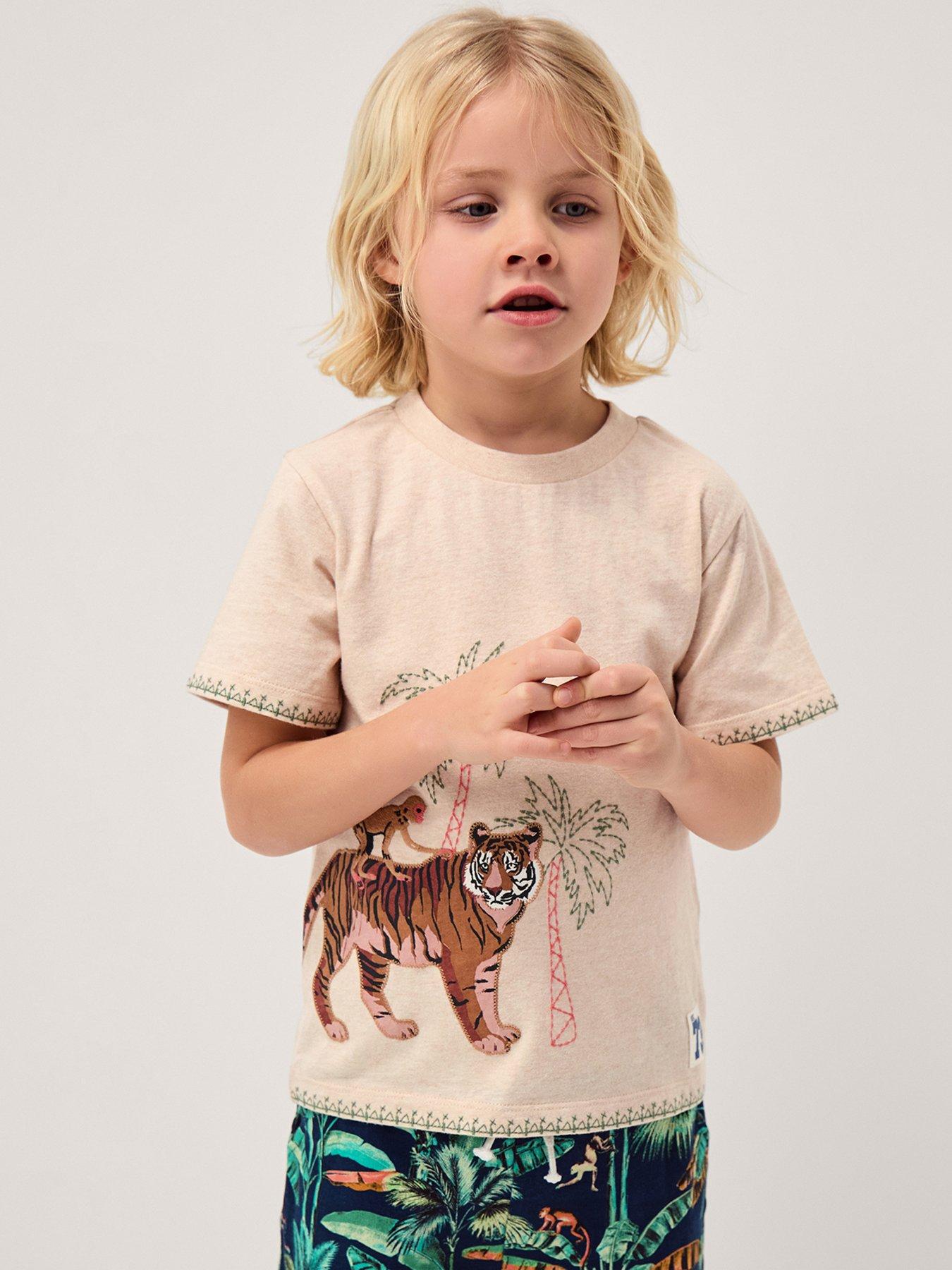 Monsoon Boys Palm Tiger Embroidered T-Shirt, Cream, Size 11-12 Years