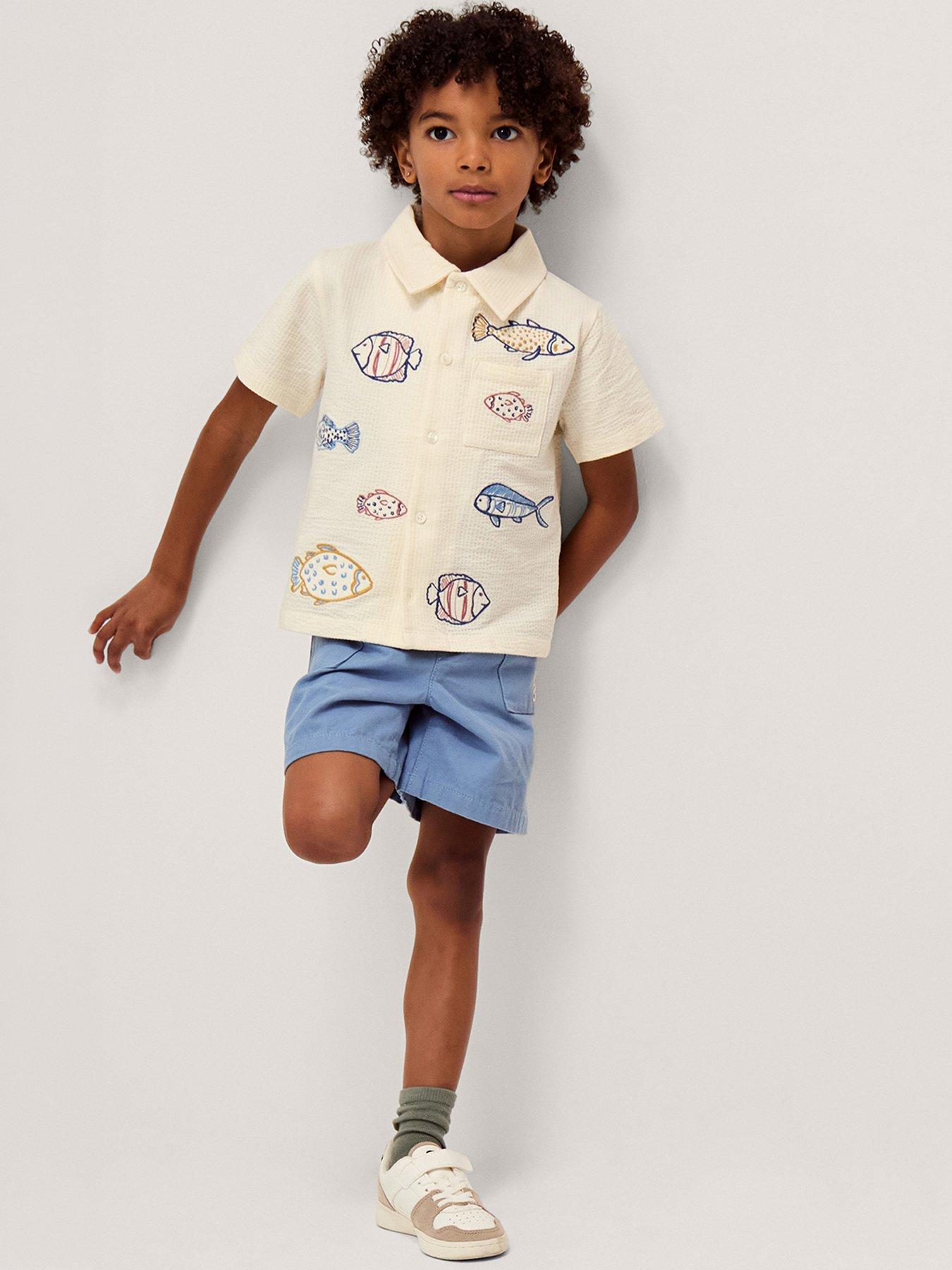 Image 1 of 4 of Monsoon Boys Embroidered Fish Short Sleeve Shirt - Light Cream