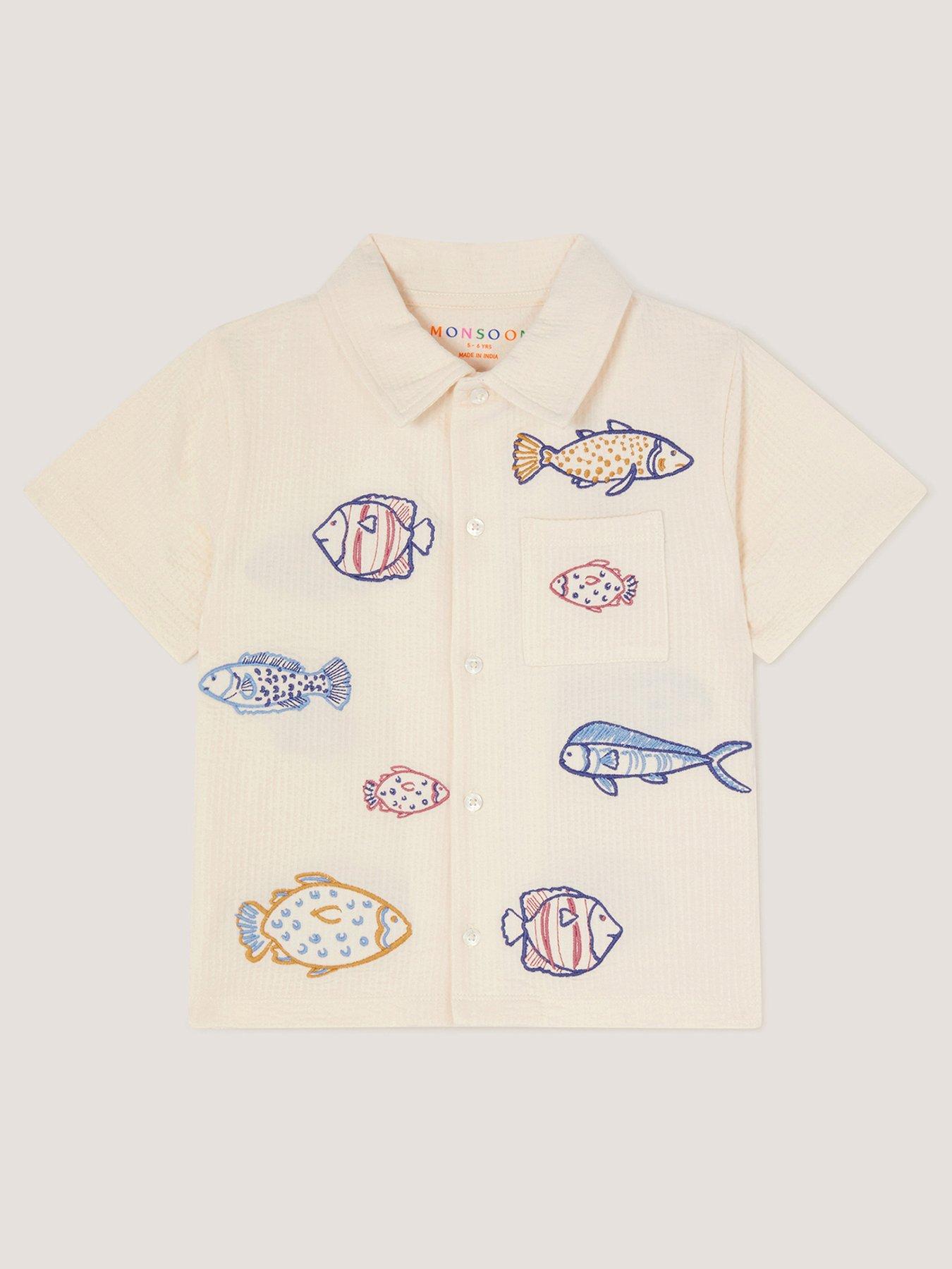 Image 2 of 4 of Monsoon Boys Embroidered Fish Short Sleeve Shirt - Light Cream