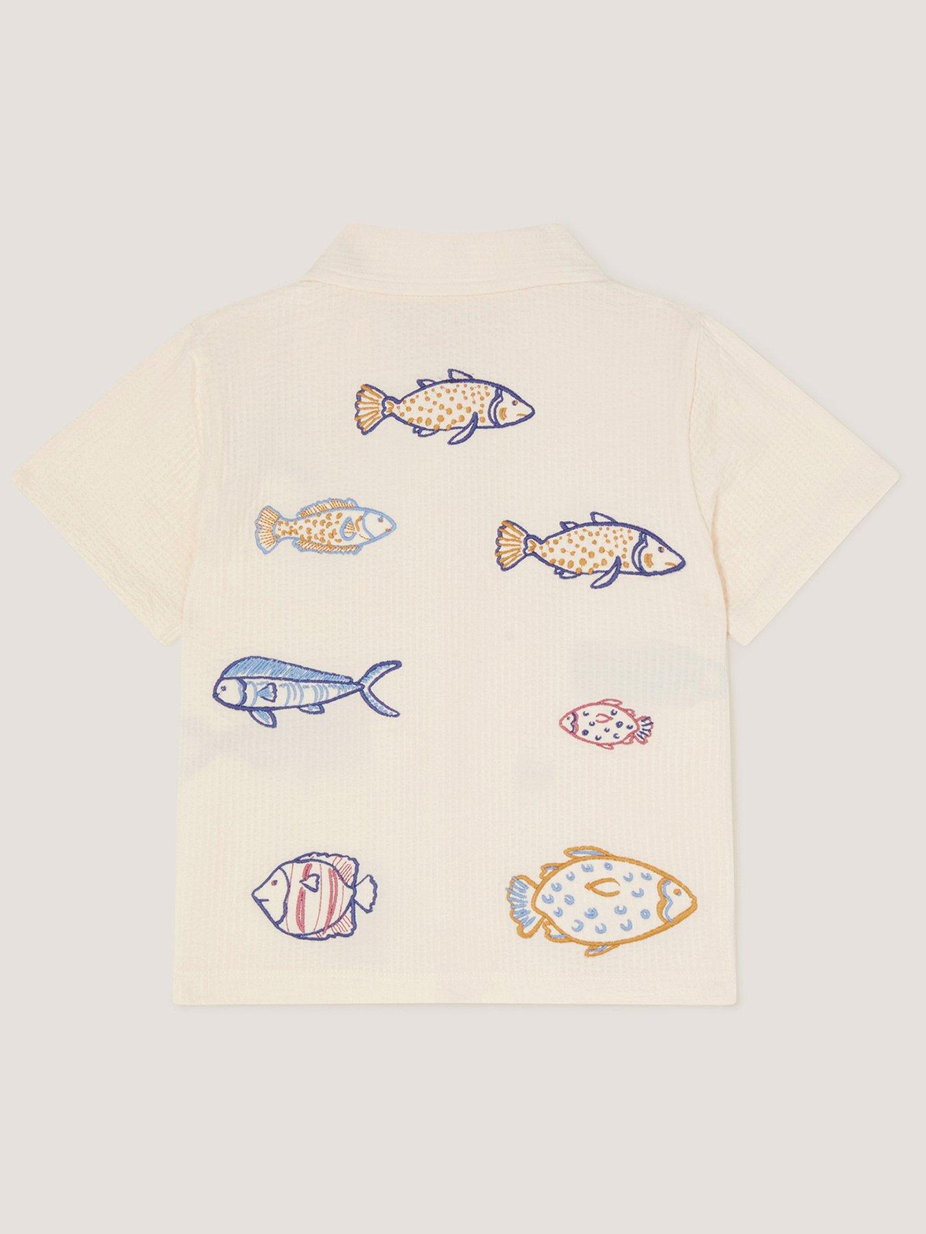 Image 3 of 4 of Monsoon Boys Embroidered Fish Short Sleeve Shirt - Light Cream