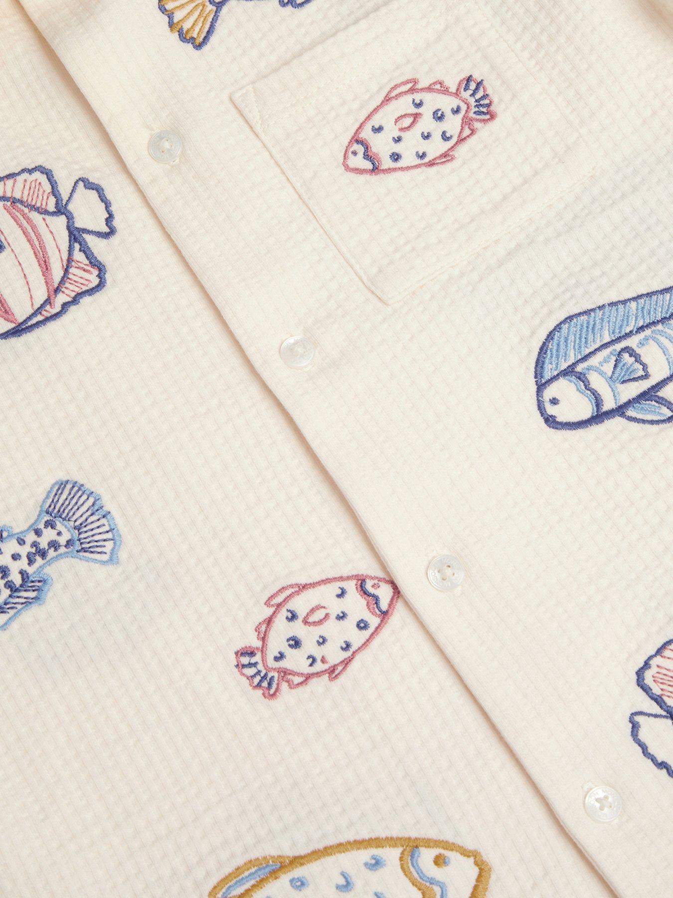 Image 4 of 4 of Monsoon Boys Embroidered Fish Short Sleeve Shirt - Light Cream