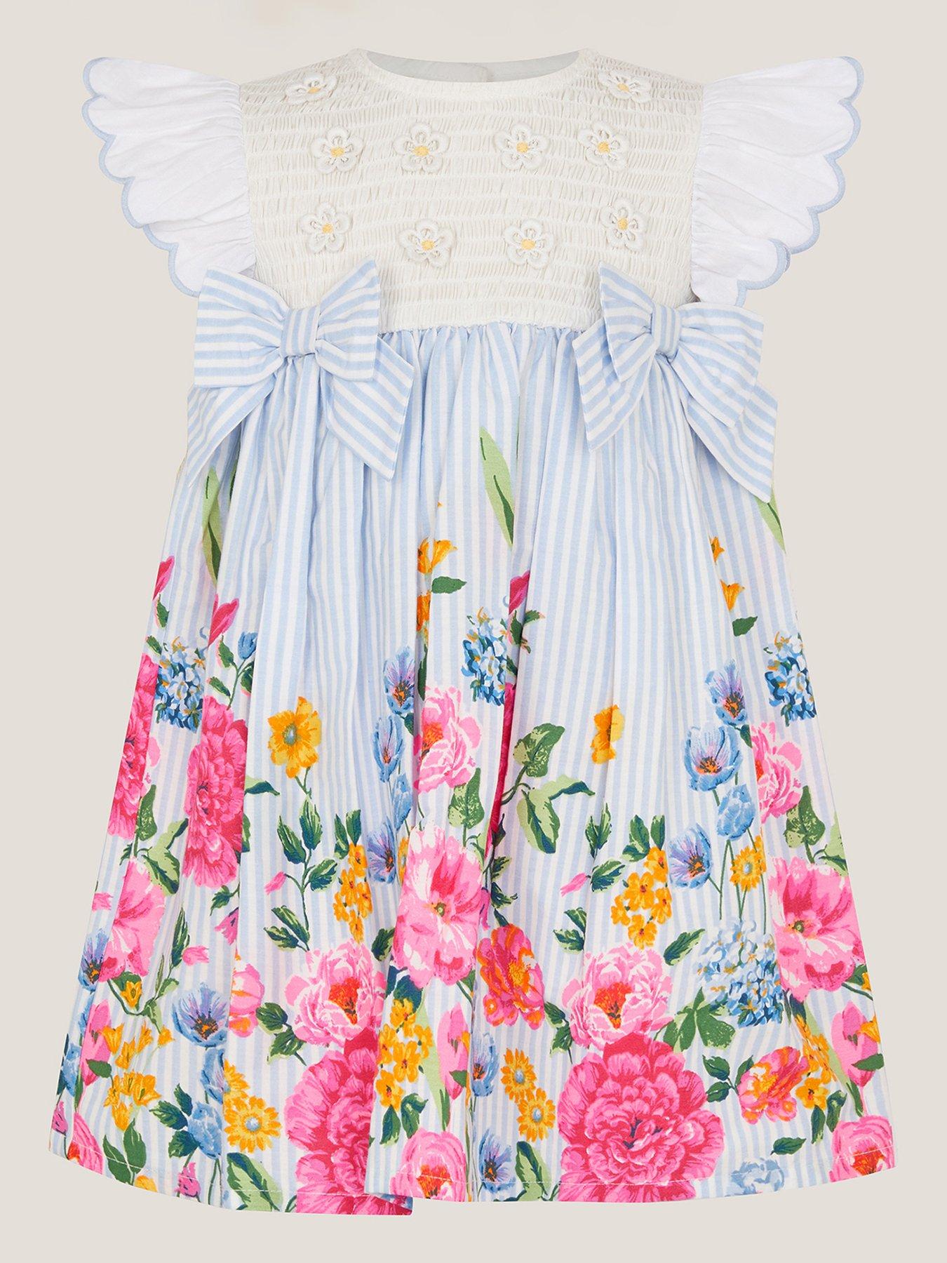 Monsoon Baby Girls Garden Ticking Bloom Dress - Blue