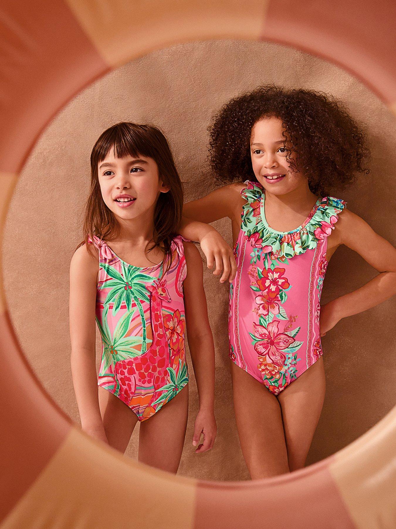 Monsoon Girls Vintage Floral Swimsuit, Pink, Size Age: 11-12 Years