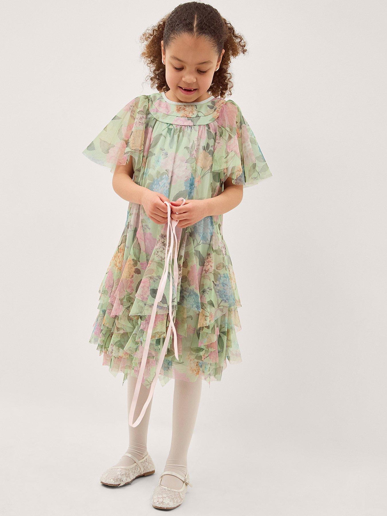 Monsoon Girls Printed Nessa Floral Swing Dress - Green