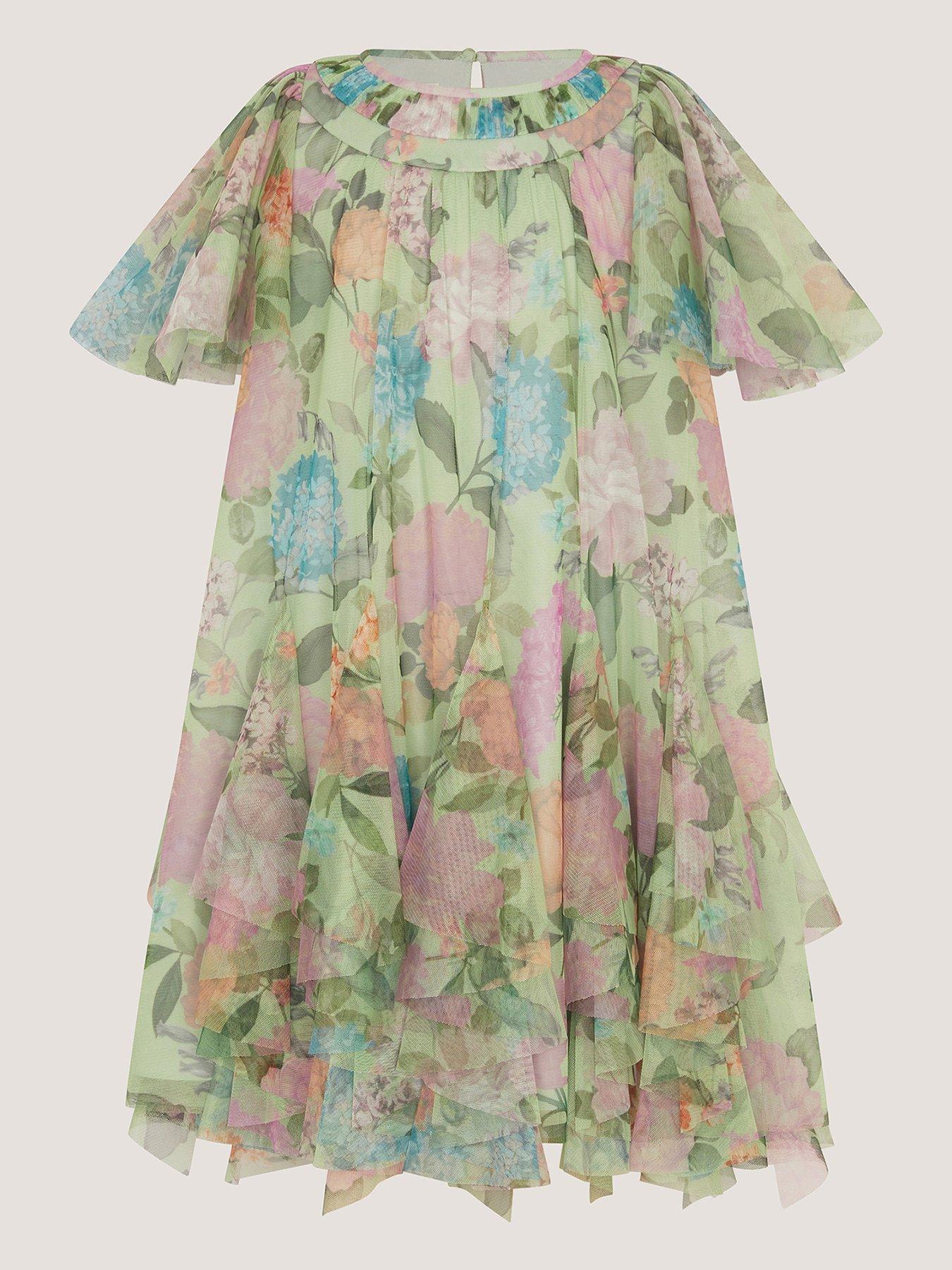 Monsoon Girls Printed Nessa Floral Swing Dress - Green