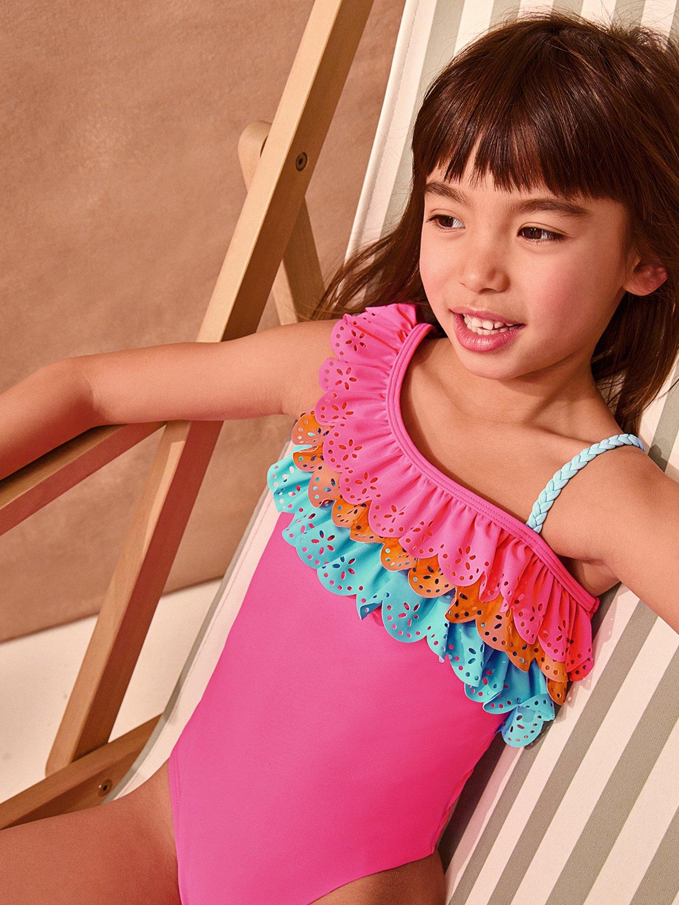 Monsoon Girls Colourblock Tiered Swimsuit, Pink, Size Age: 5-6 Years